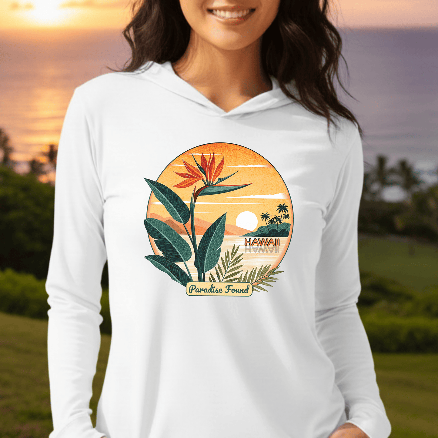 Retro (Bird of) Paradise Found, Hawaii Hooded Long Sleeve White / XS