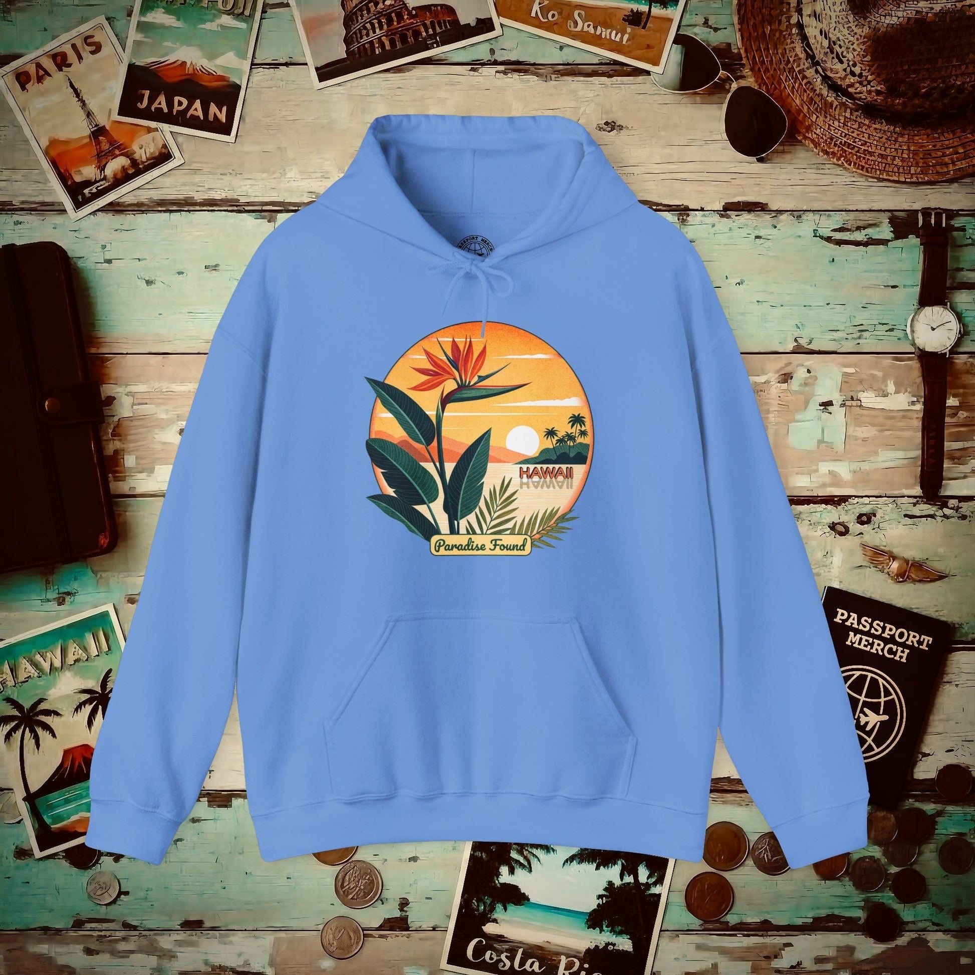 Retro (Bird of) Paradise Found, Hawaii Hoodie Carolina Blue / S