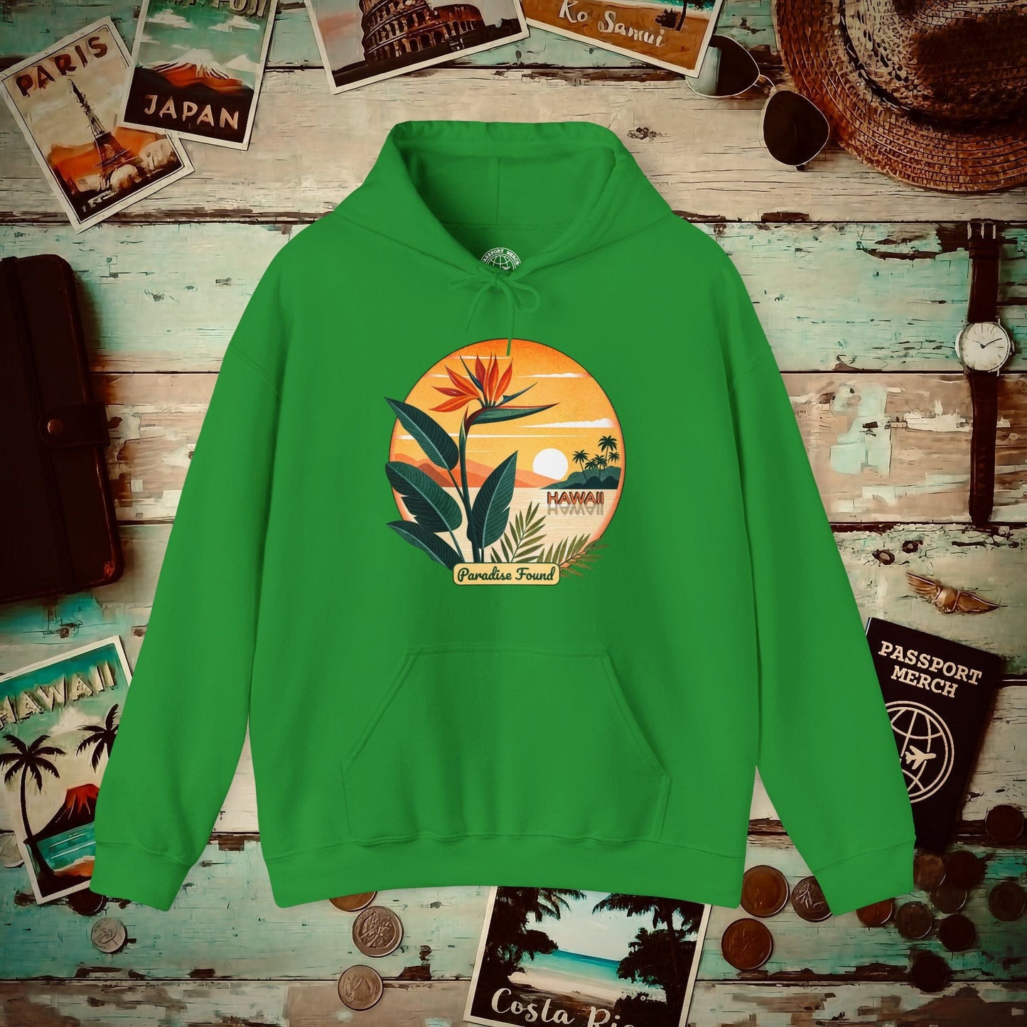 Retro (Bird of) Paradise Found, Hawaii Hoodie Irish Green / S