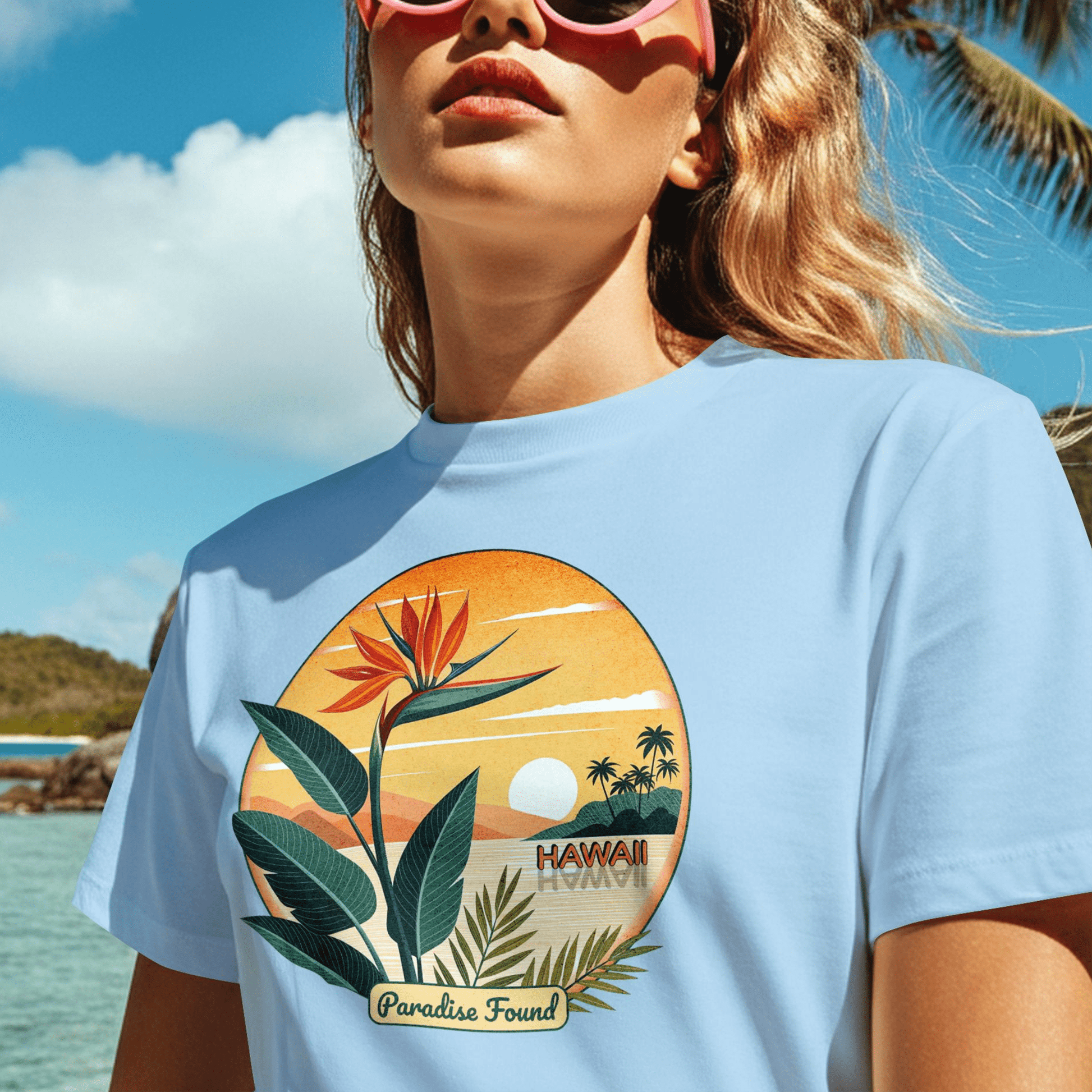 Retro (Bird of) Paradise Found, Hawaii T-Shirt Light Blue / S