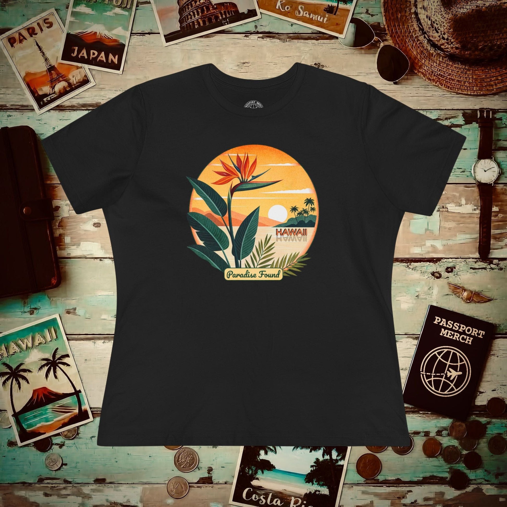 Retro (Bird of) Paradise Found, Hawaii, Womens Fit T-Shirt Black / S