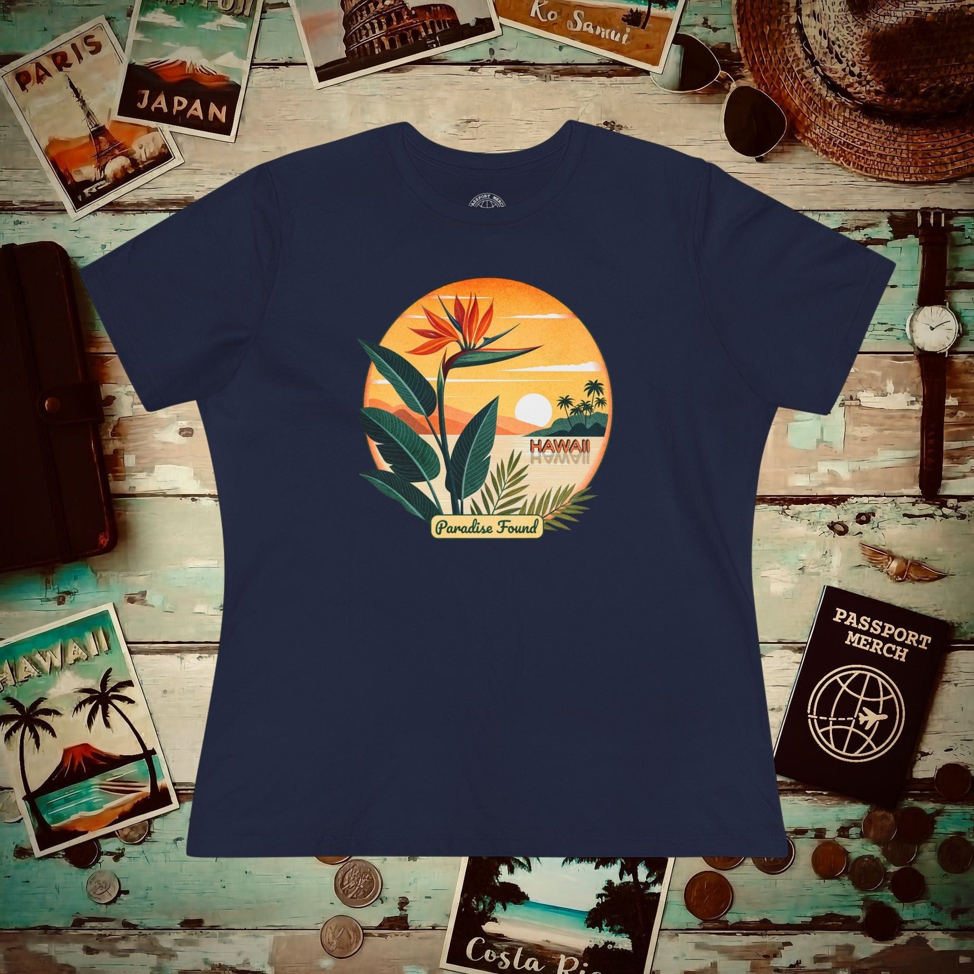 Retro (Bird of) Paradise Found, Hawaii, Womens Fit T-Shirt Navy / S