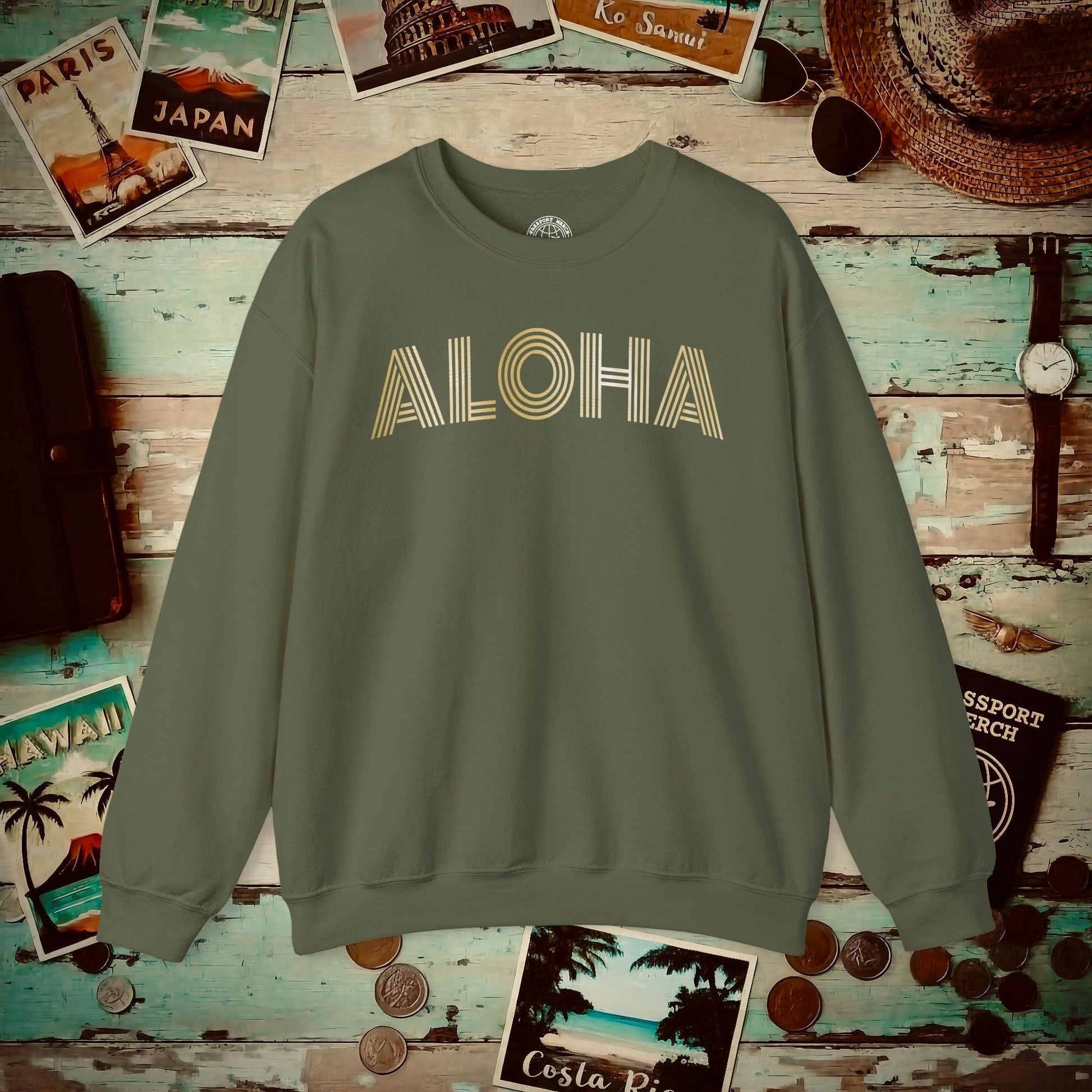 Retro Bling Aloha, Hawaii Crewneck Military Green / S