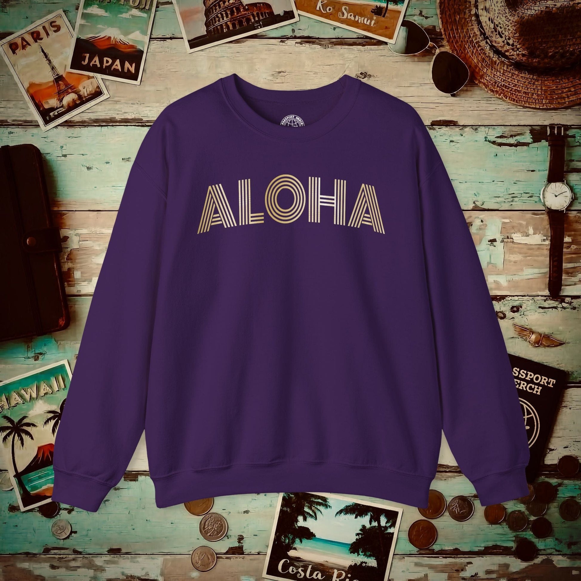 Retro Bling Aloha, Hawaii Crewneck Purple / S