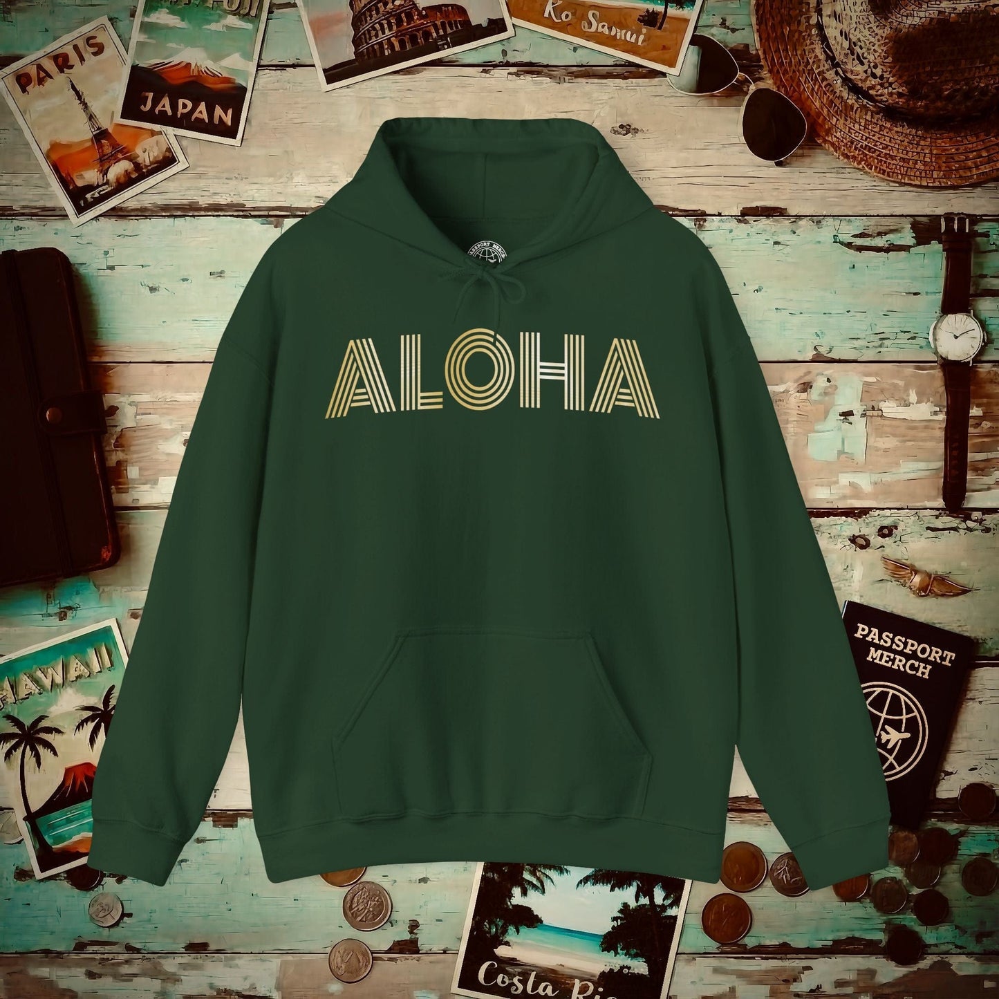 Retro Bling Aloha, Hawaii Hoodie Forest Green / S