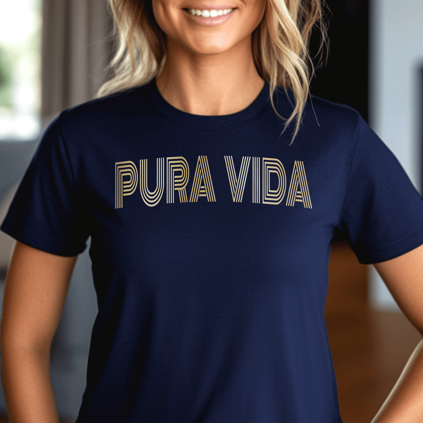 Retro Bling Pura Vida, Costa Rica, Womens Fit T-Shirt Navy / S