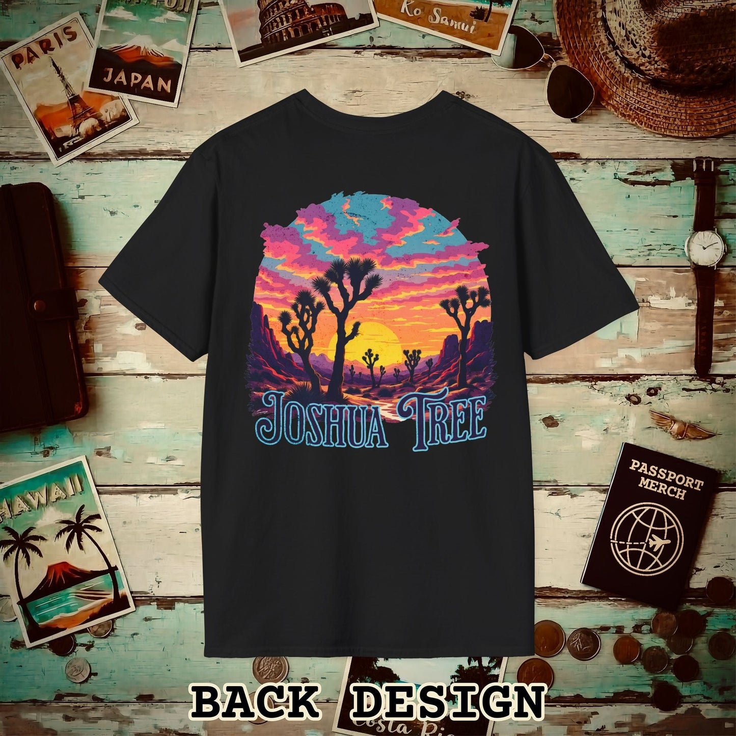 Retro Joshua Tree, California, Back Print T-Shirt Black / S
