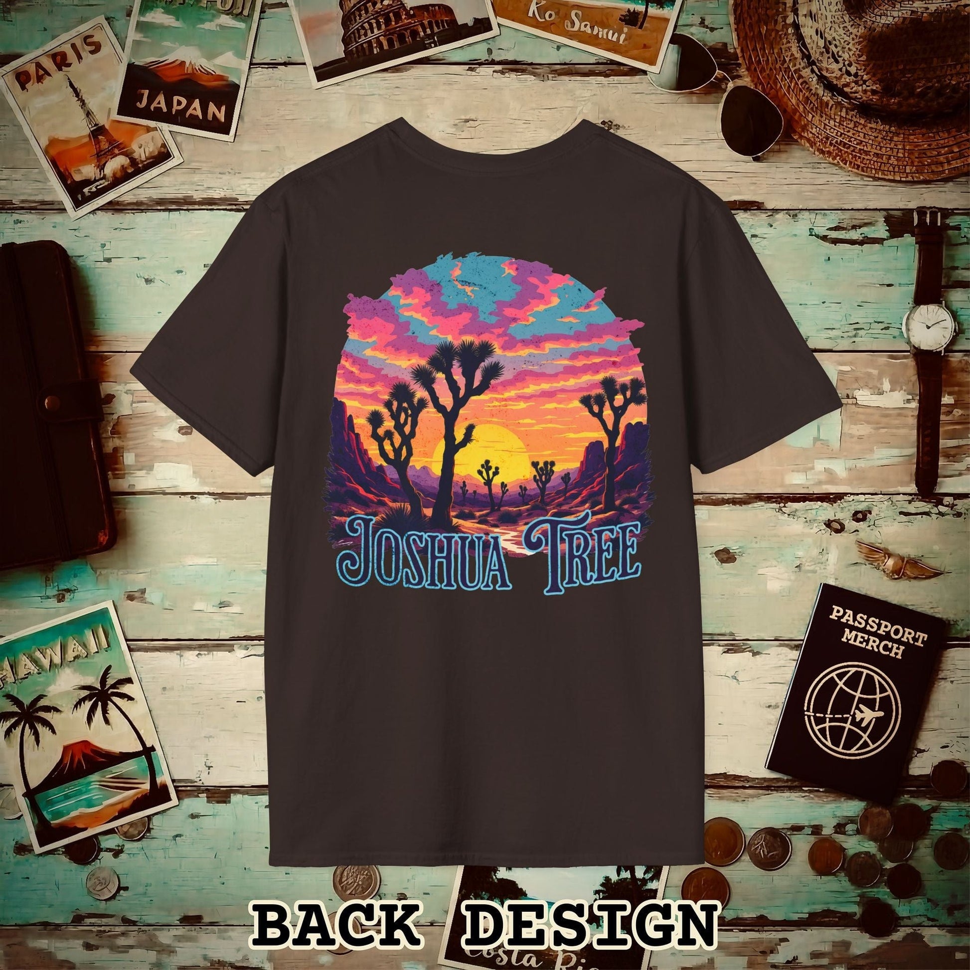 Retro Joshua Tree, California, Back Print T-Shirt Dark Chocolate / S