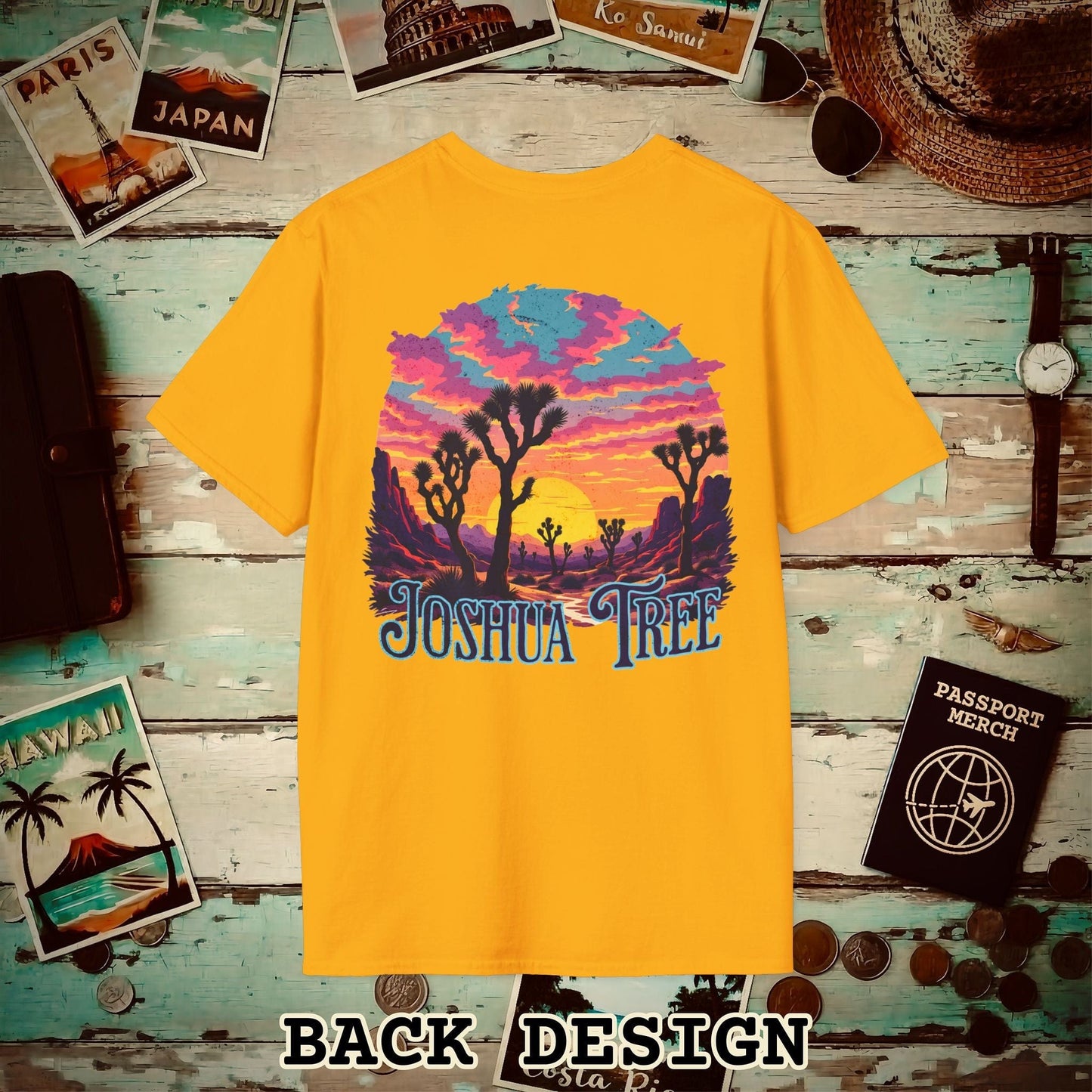 Retro Joshua Tree, California, Back Print T-Shirt Gold / S