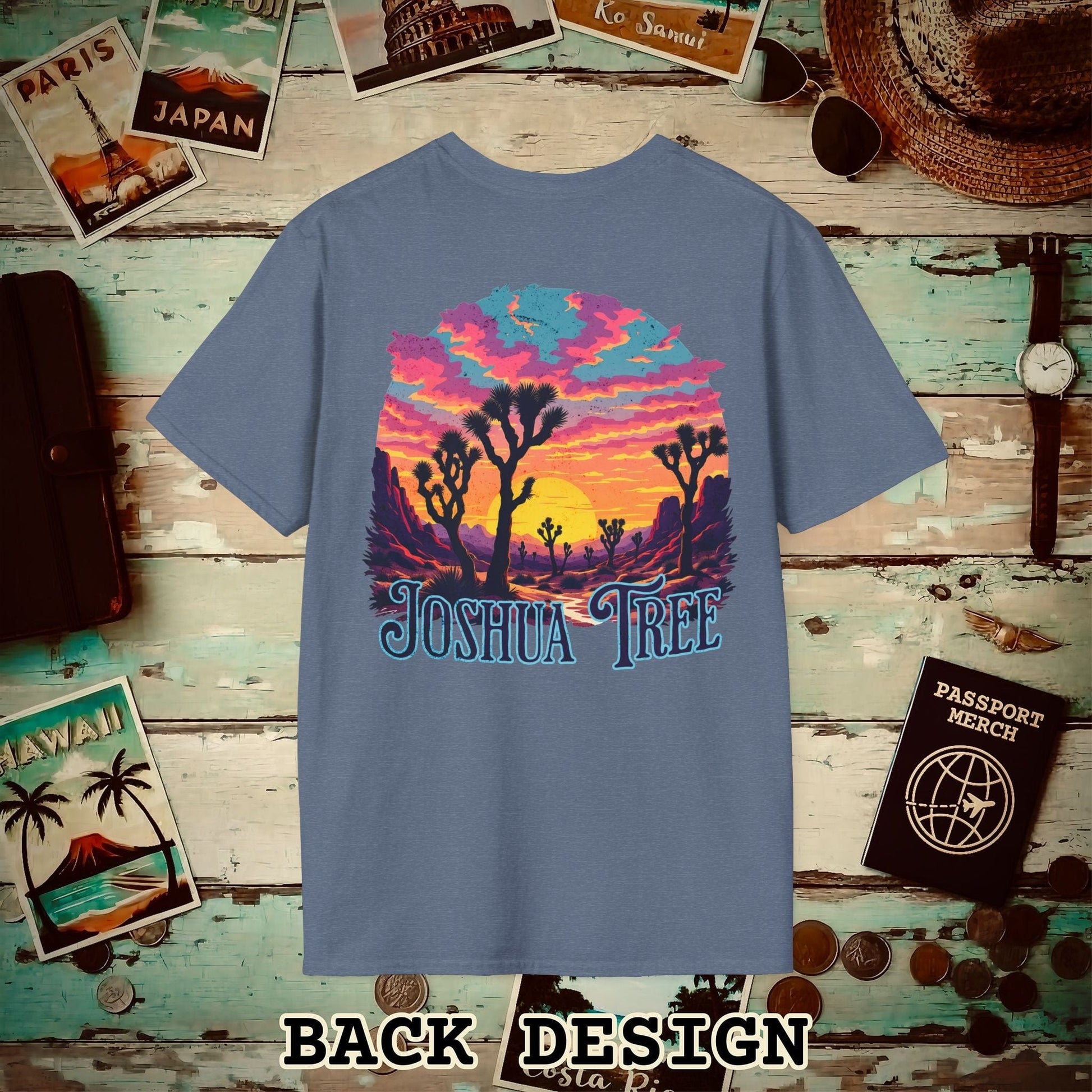 Retro Joshua Tree, California, Back Print T-Shirt Heather Indigo / S