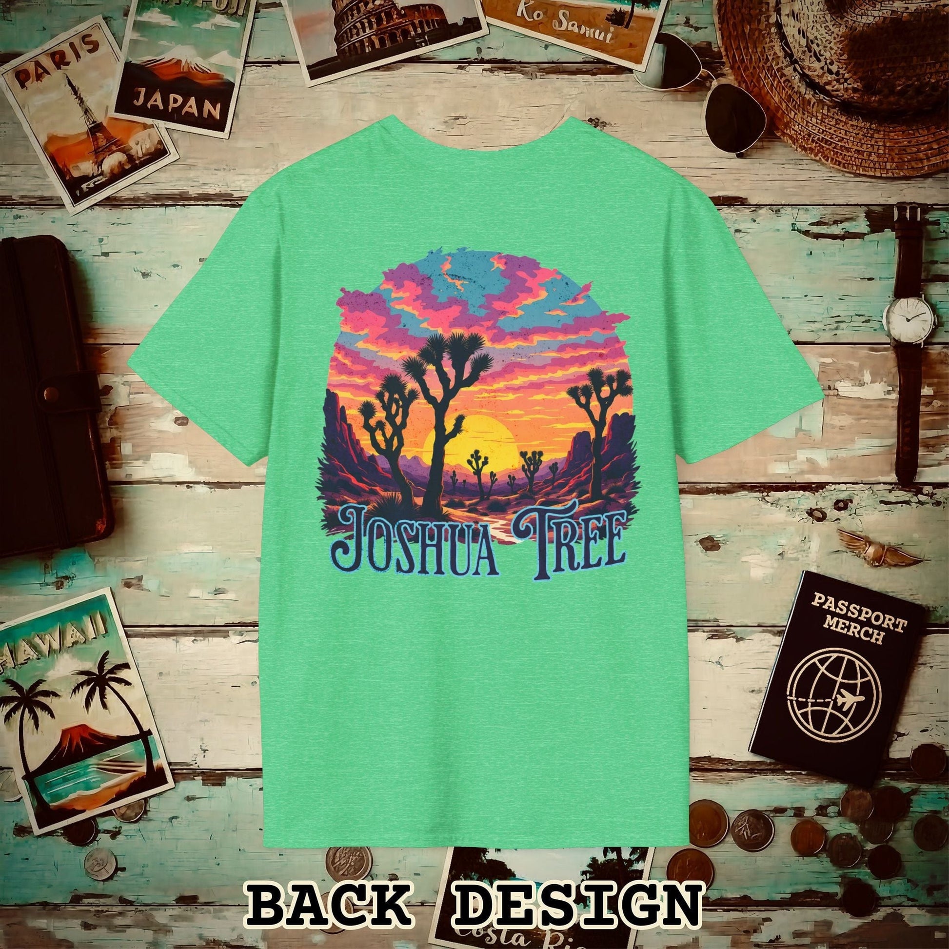 Retro Joshua Tree, California, Back Print T-Shirt Heather Irish Green / S