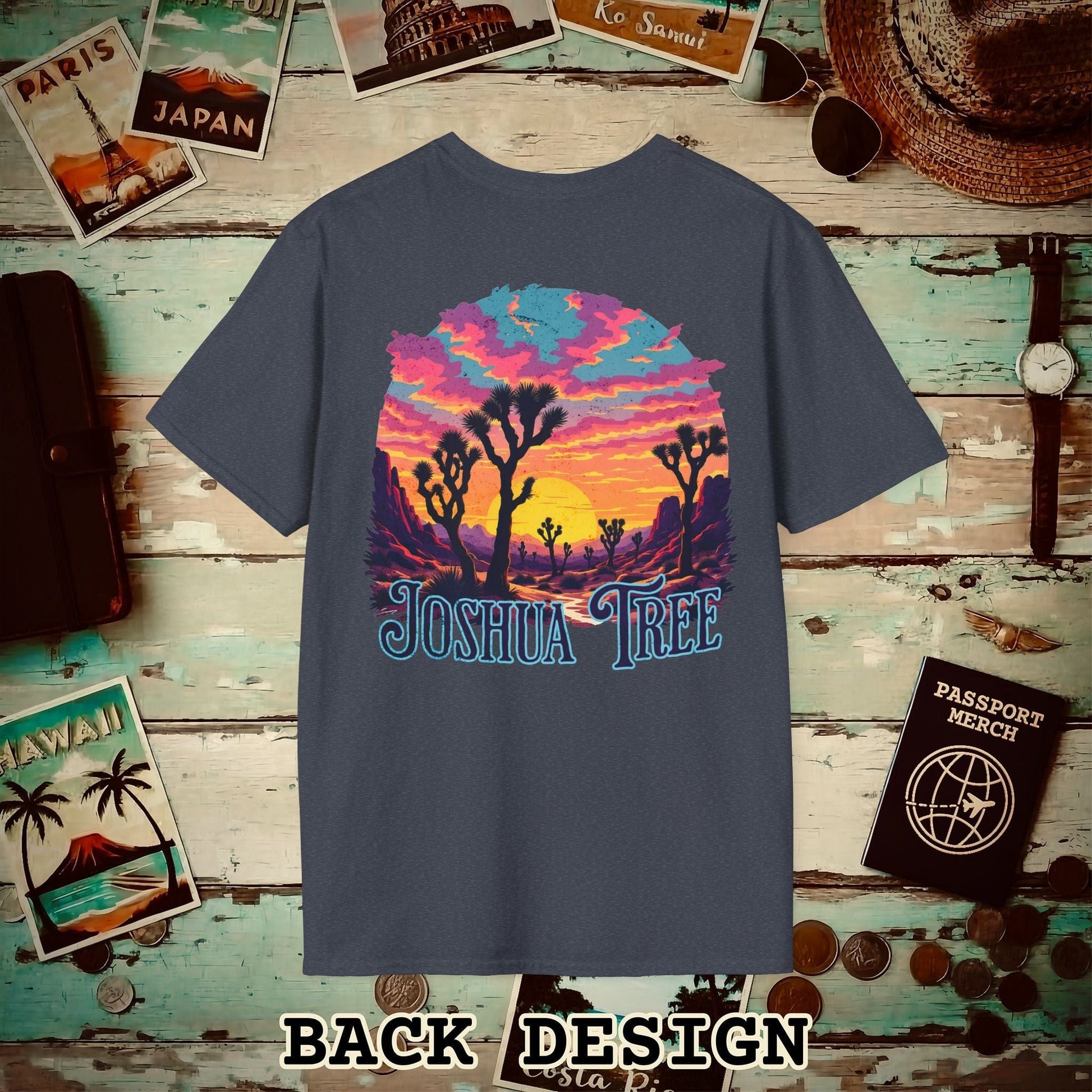 Retro Joshua Tree, California, Back Print T-Shirt Heather Navy / S