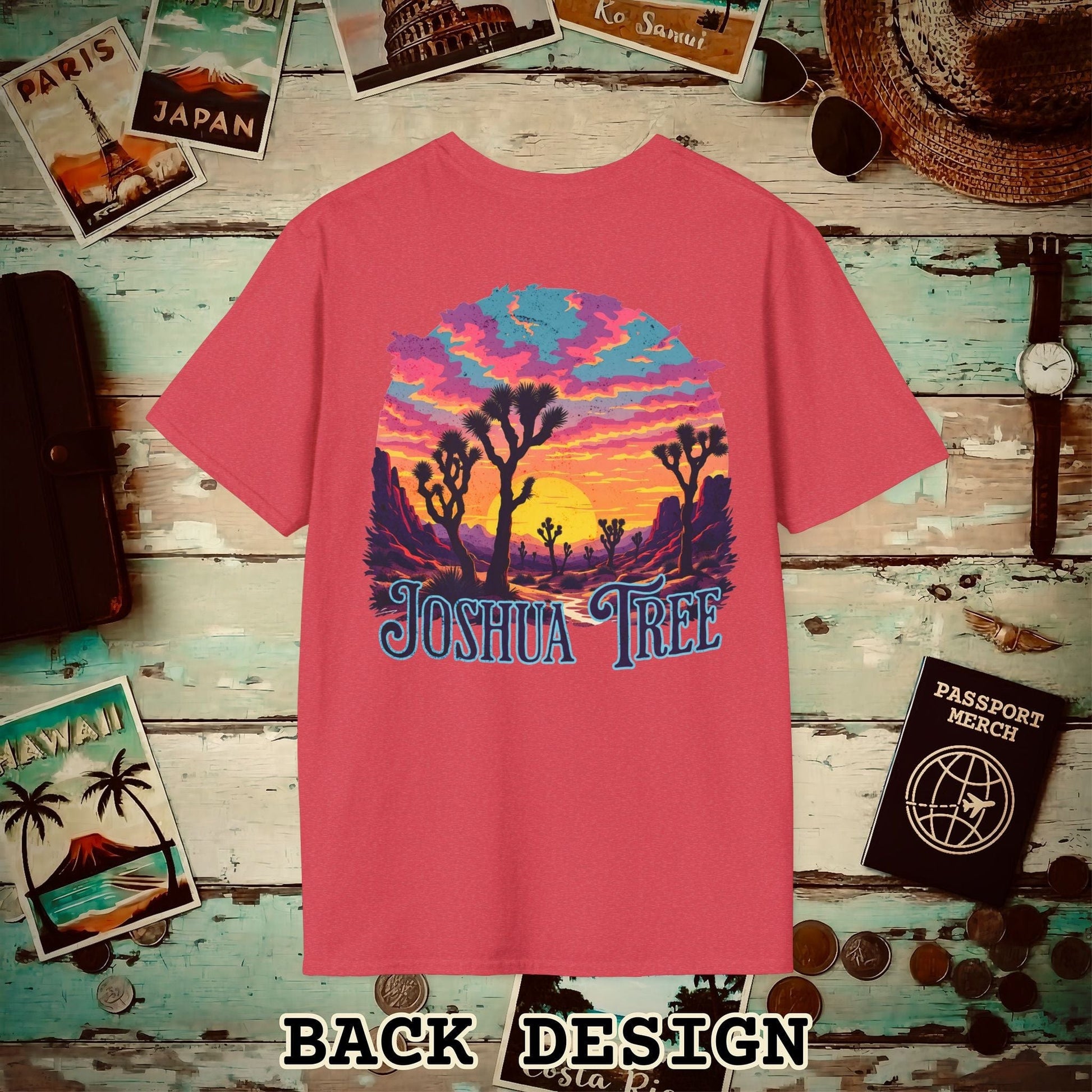 Retro Joshua Tree, California, Back Print T-Shirt Heather Red / S