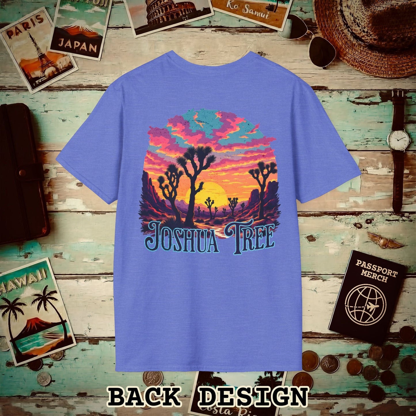 Retro Joshua Tree, California, Back Print T-Shirt Heather Royal / S