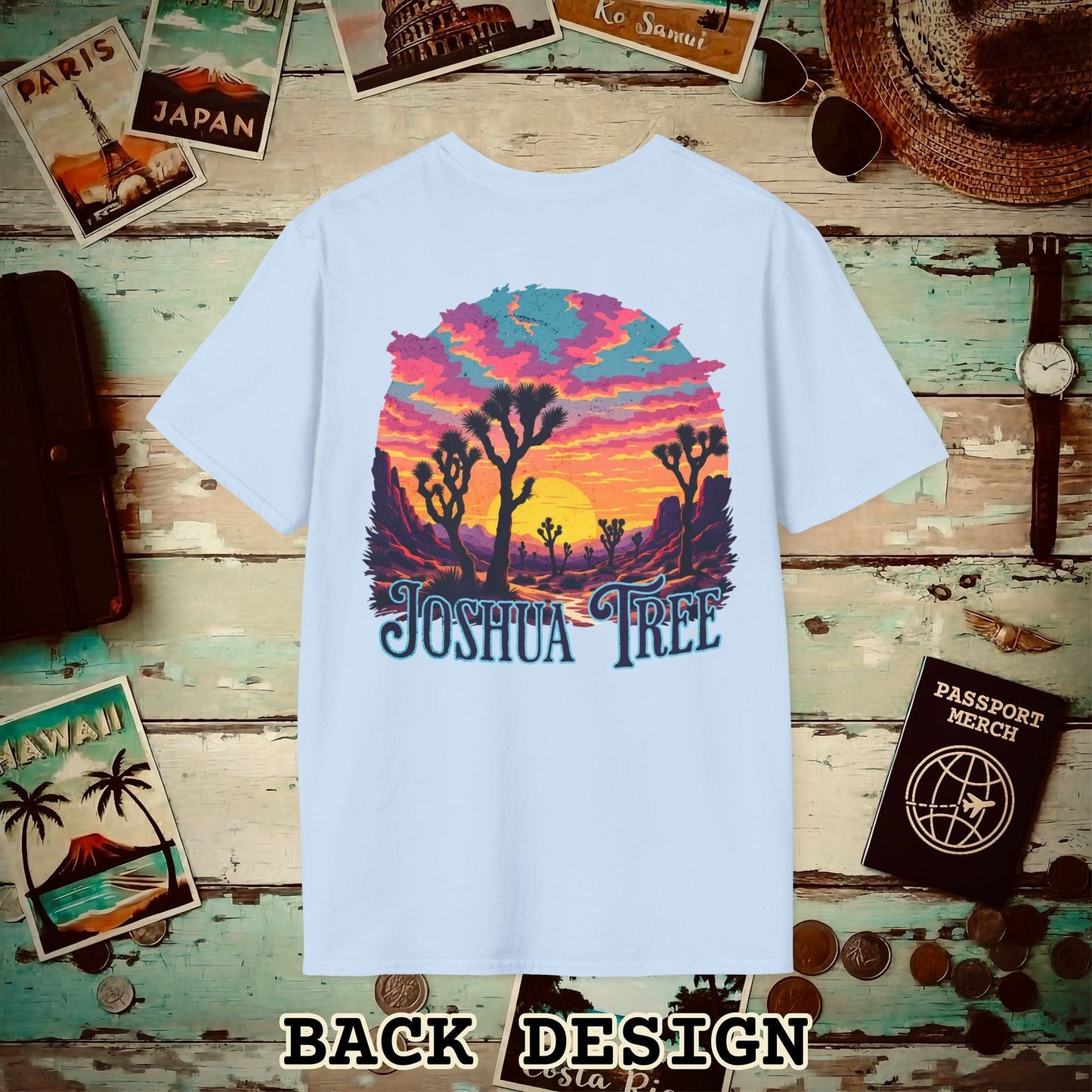 Retro Joshua Tree, California, Back Print T-Shirt Light Blue / S