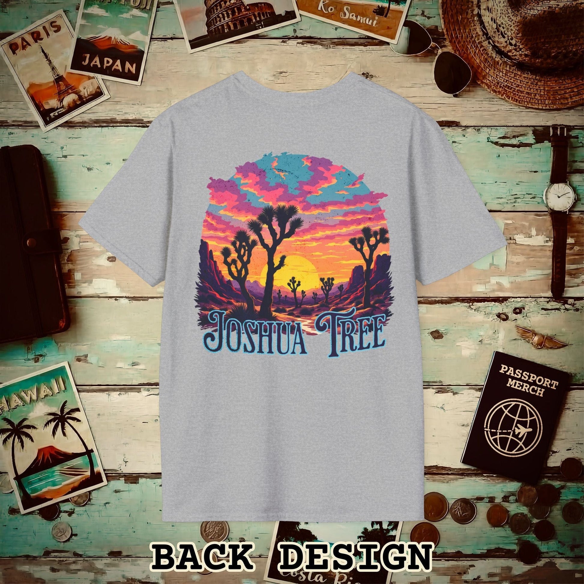 Retro Joshua Tree, California, Back Print T-Shirt Sport Grey / S