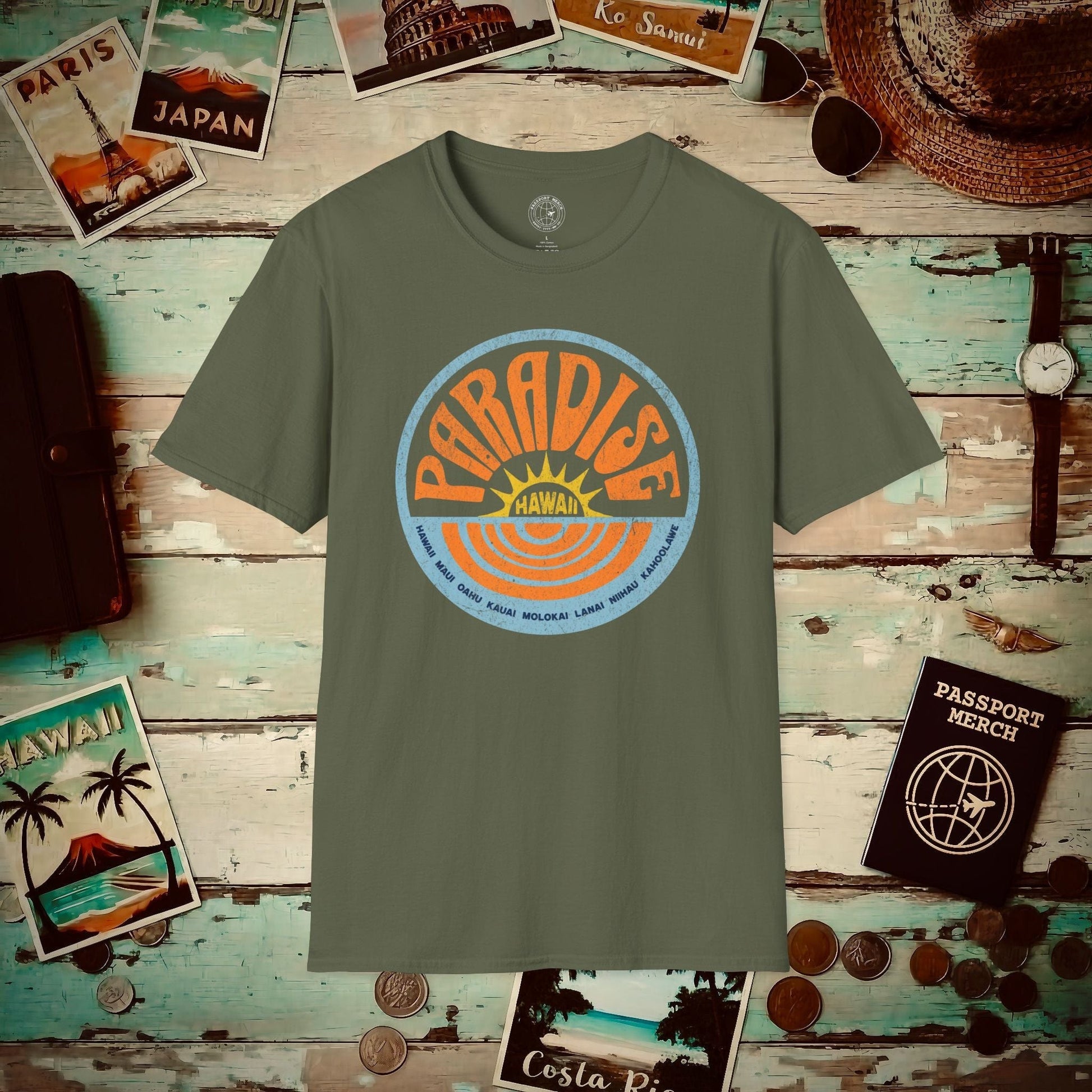 Retro Paradise, Hawaii T-Shirt Military Green / S