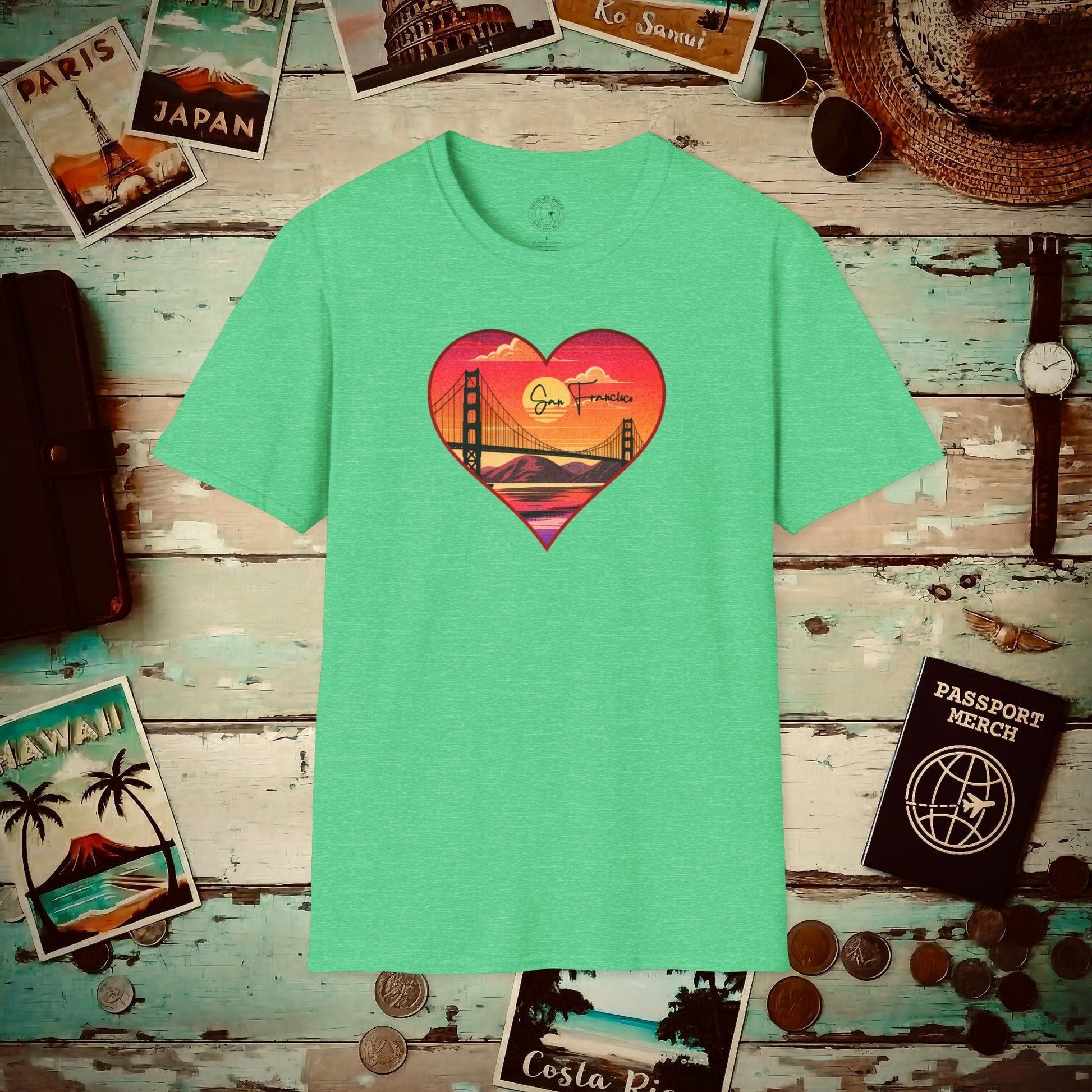 Retro San Francisco Heart, California T-Shirt Heather Irish Green / S