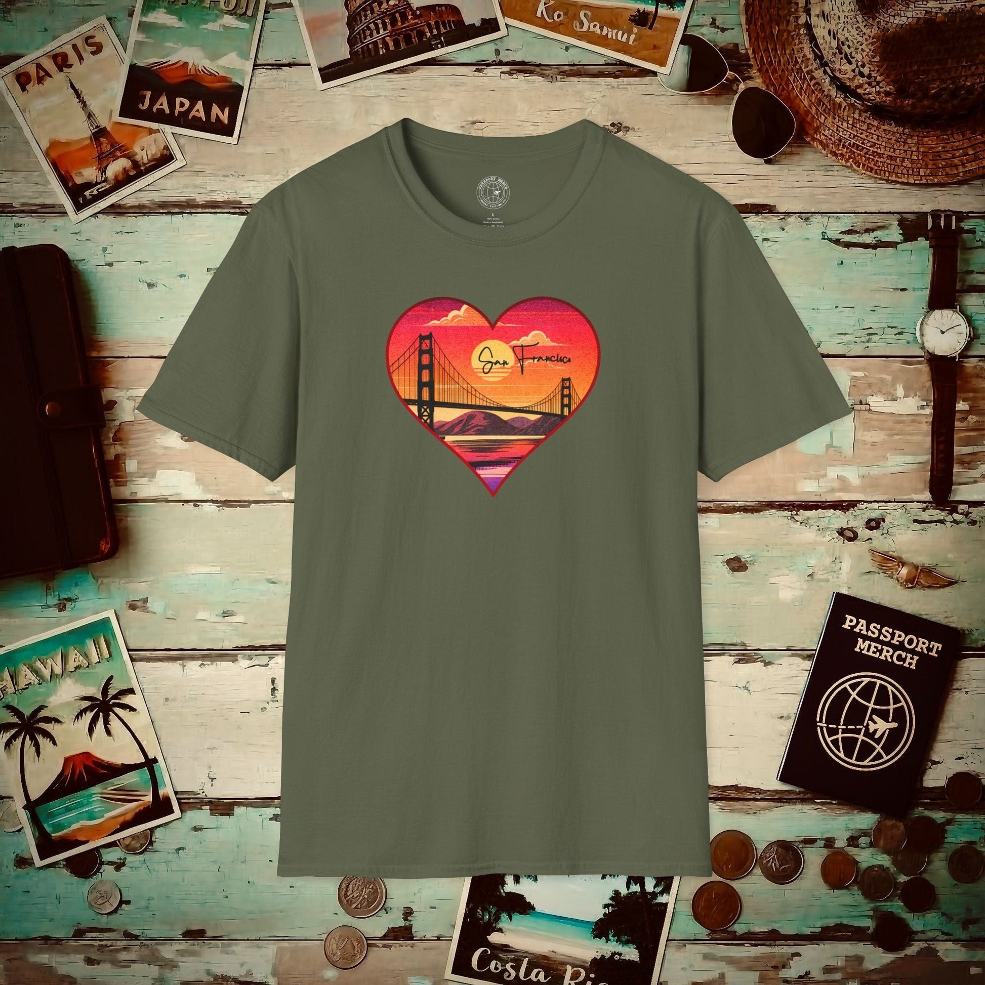 Retro San Francisco Heart, California T-Shirt Military Green / S