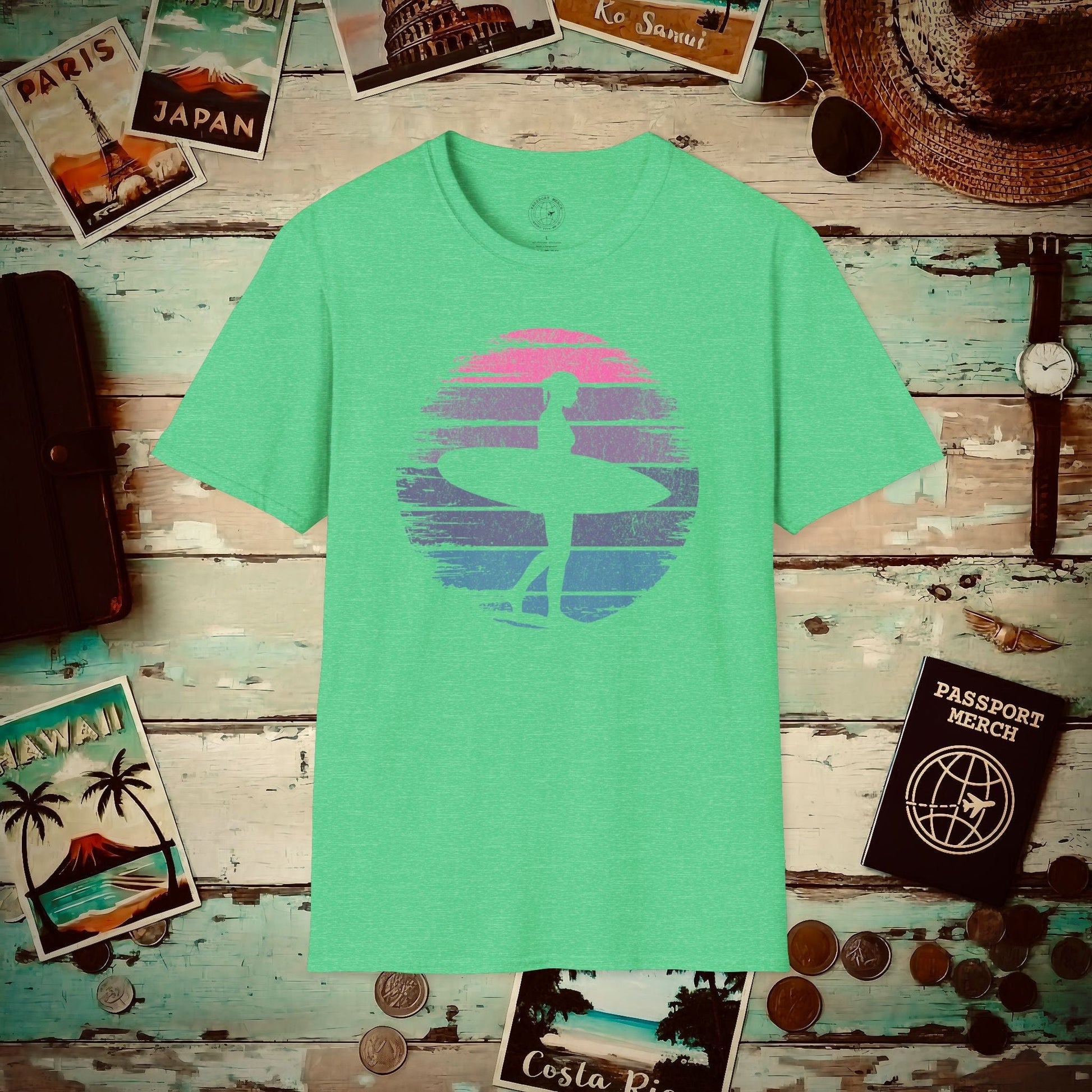 Retro Sun Surfer Girl T-Shirt Heather Irish Green / S