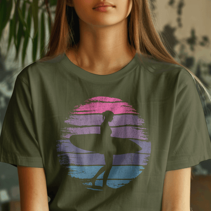 Retro Sun Surfer Girl T-Shirt Military Green / S