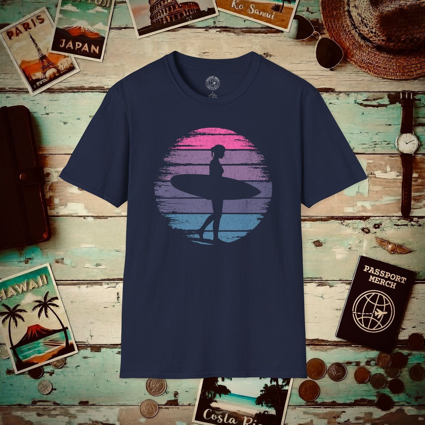 Retro Sun Surfer Girl T-Shirt Navy / S