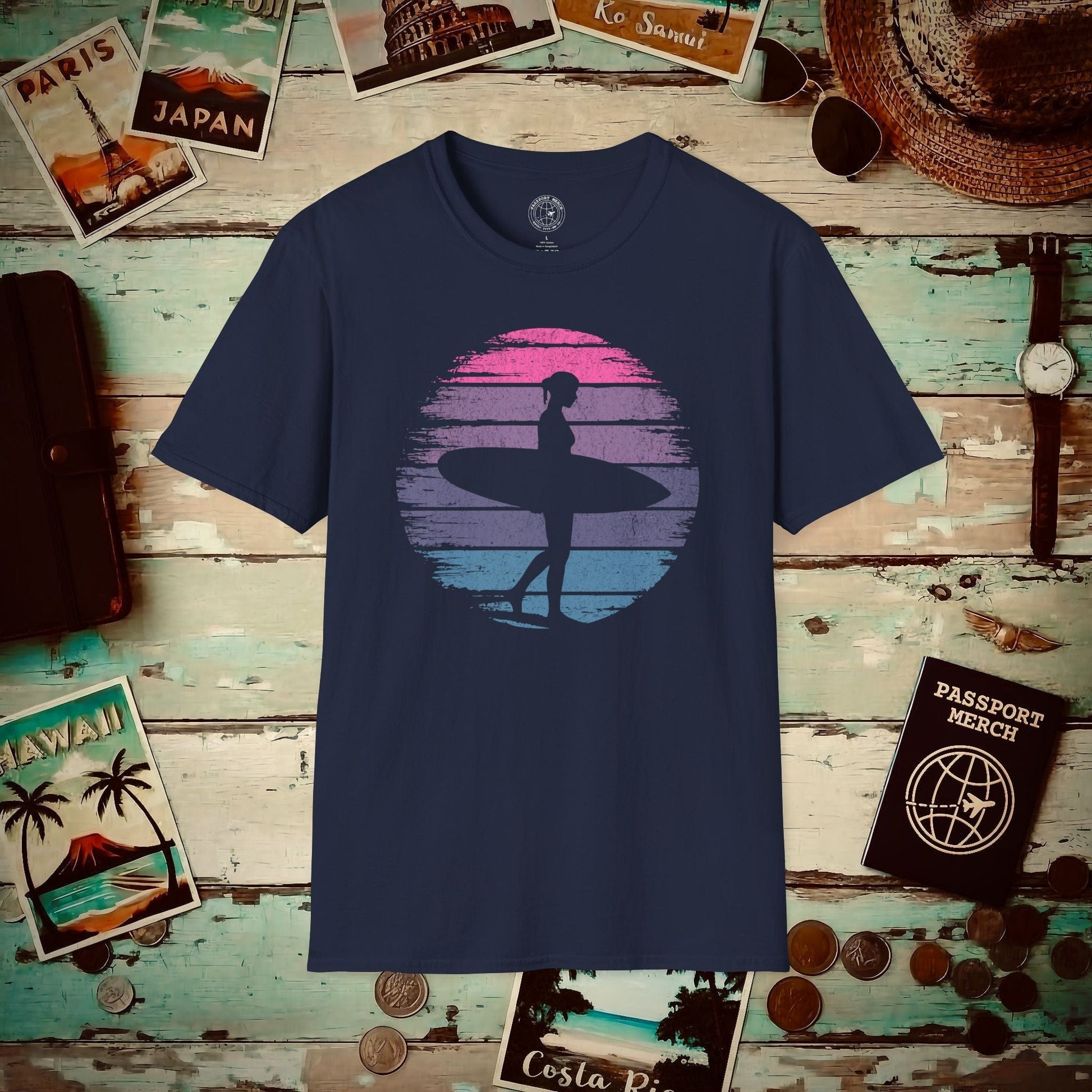 Retro Sun Surfer Girl T-Shirt Navy / S