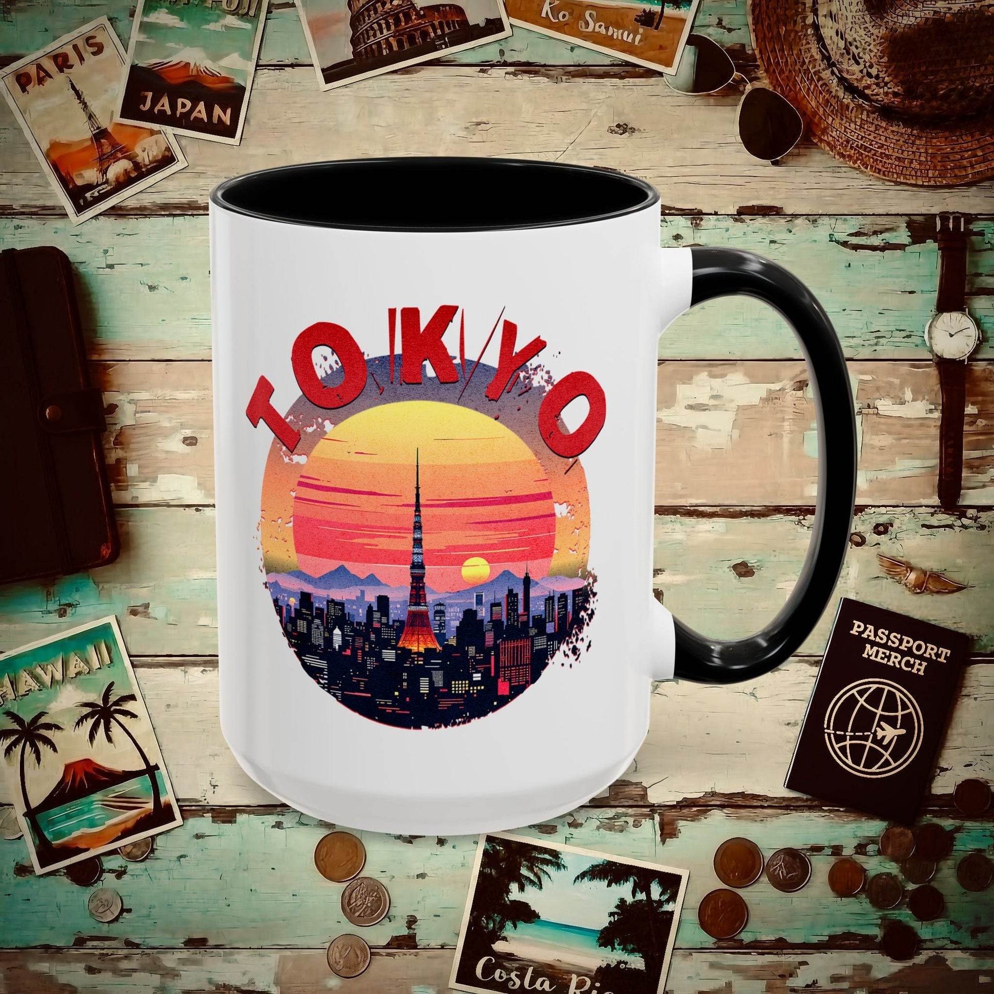 Retro Tokyo Tower Sunset, Japan 15oz Mug Black / 15oz