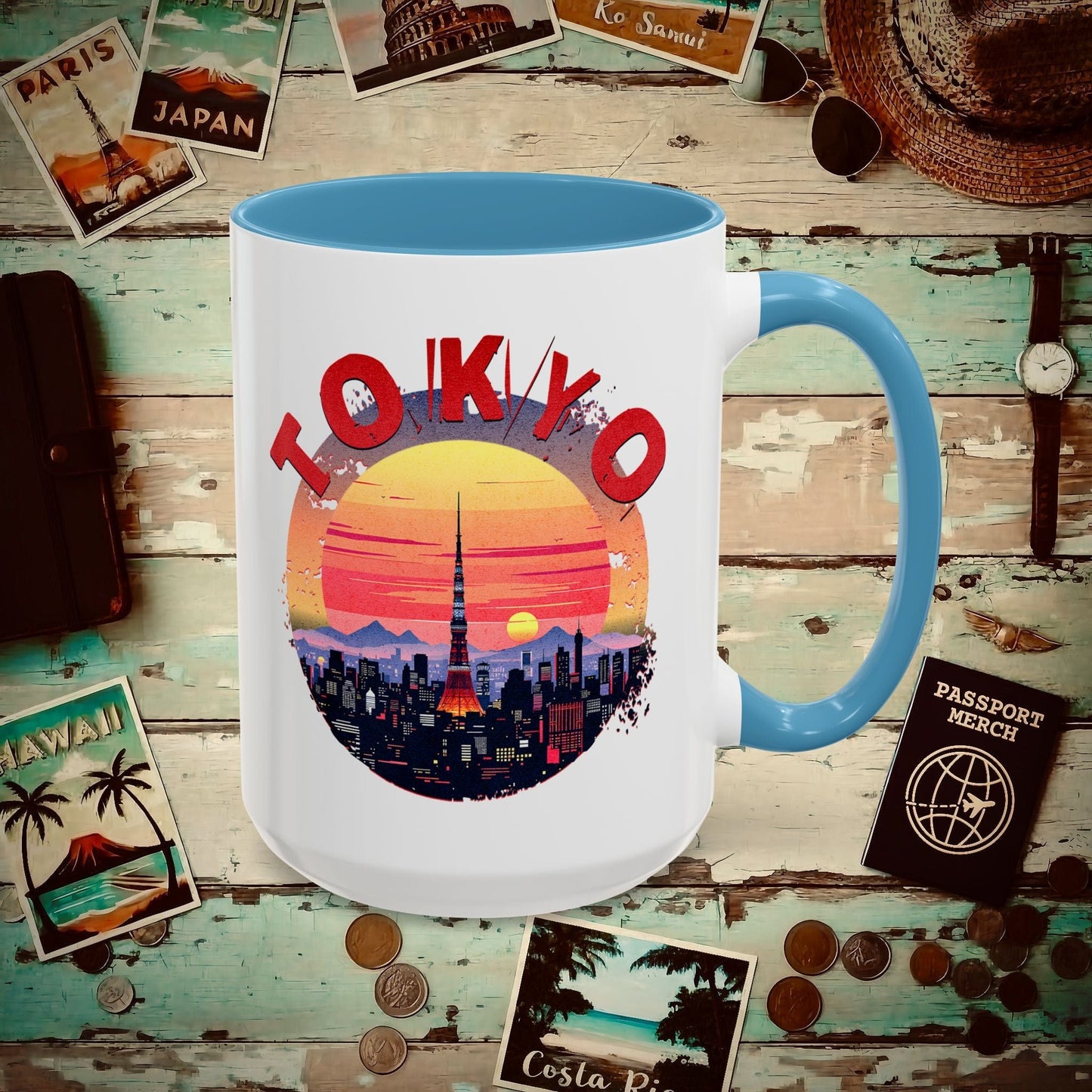 Retro Tokyo Tower Sunset, Japan 15oz Mug Light Blue / 15oz