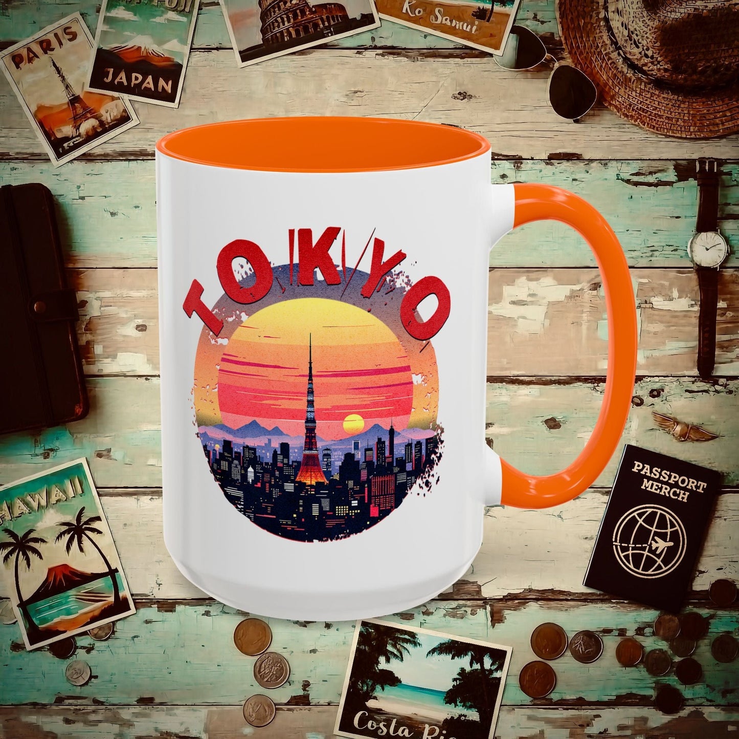 Retro Tokyo Tower Sunset, Japan 15oz Mug Orange / 15oz
