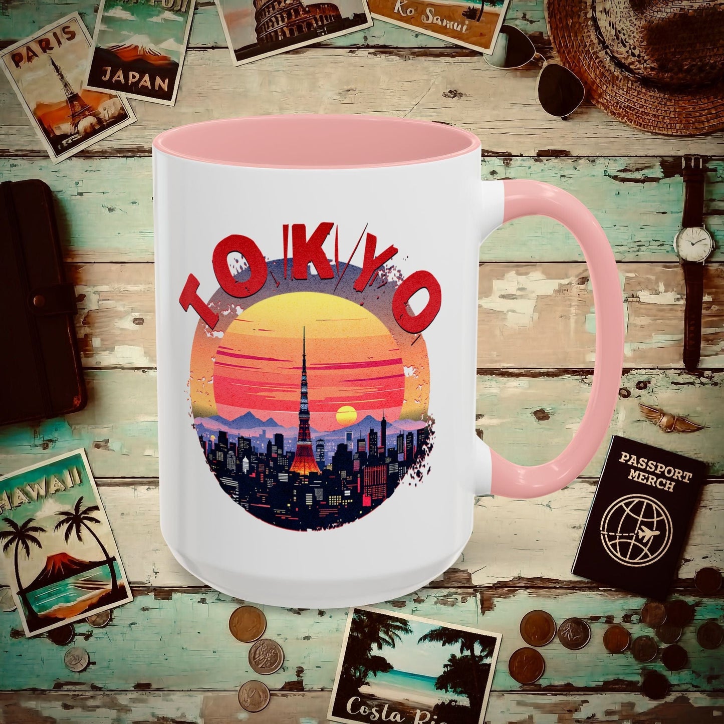 Retro Tokyo Tower Sunset, Japan 15oz Mug Pink / 15oz