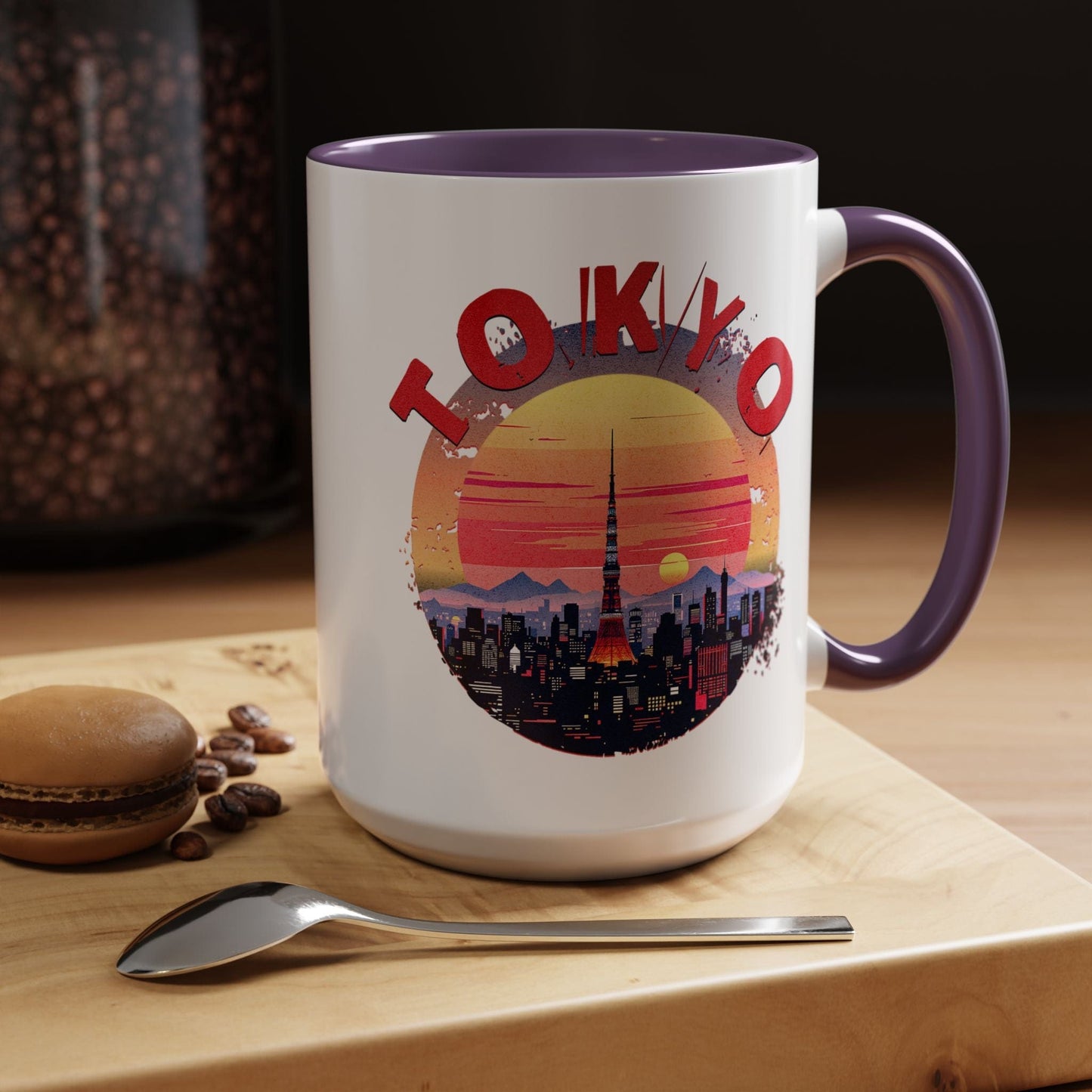 Retro Tokyo Tower Sunset, Japan 15oz Mug Purple / 15oz