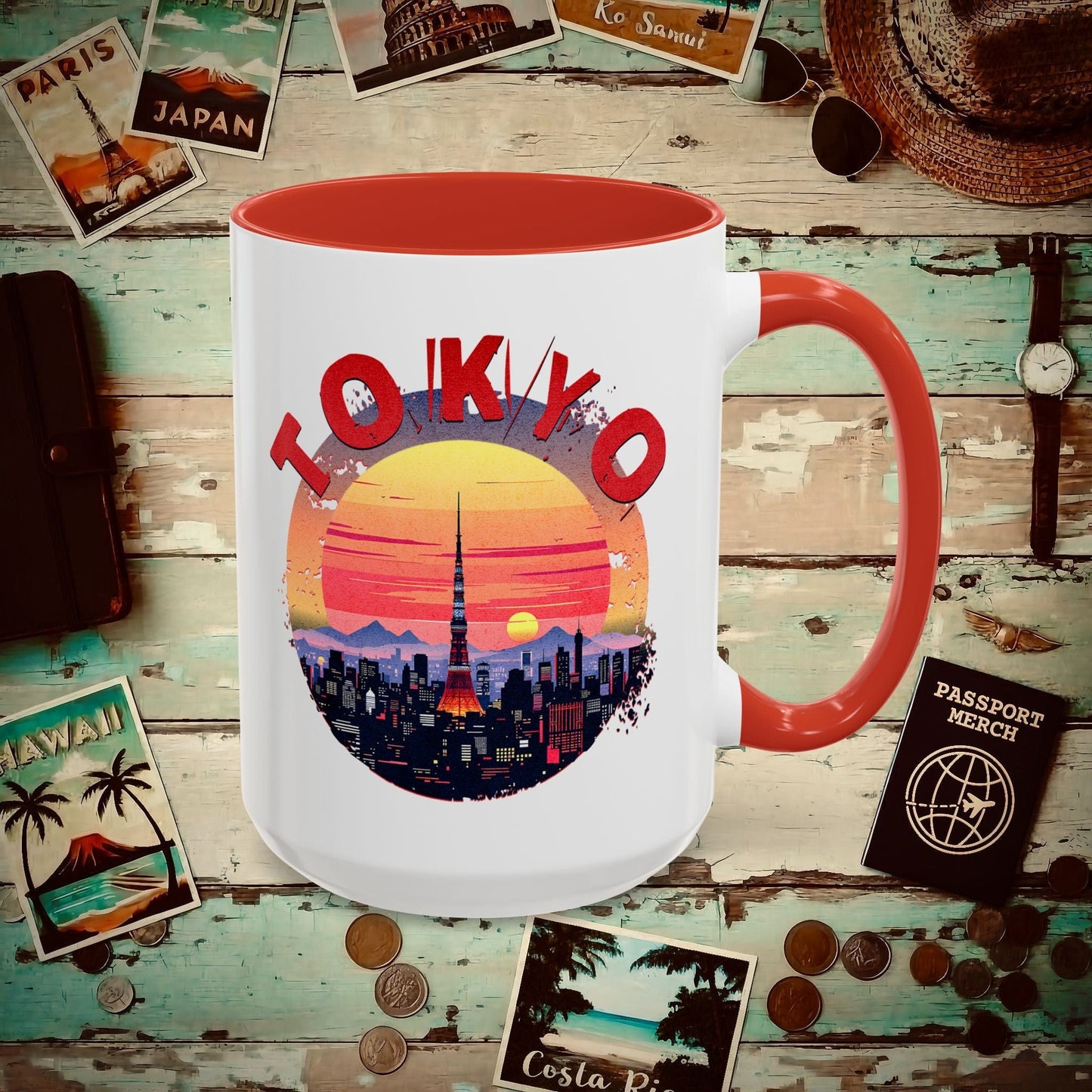 Retro Tokyo Tower Sunset, Japan 15oz Mug Red / 15oz