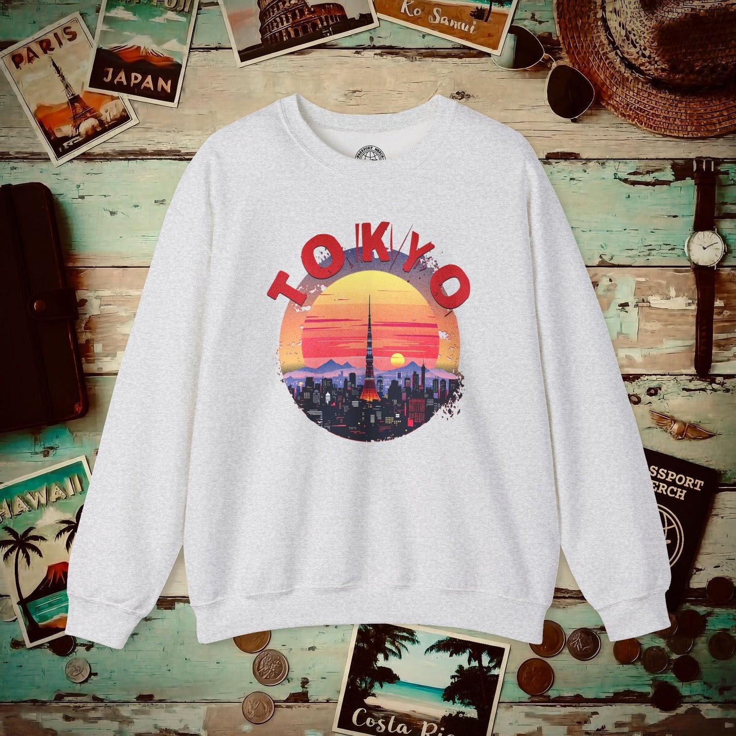 Retro Tokyo Tower Sunset, Japan Crewneck Ash / S