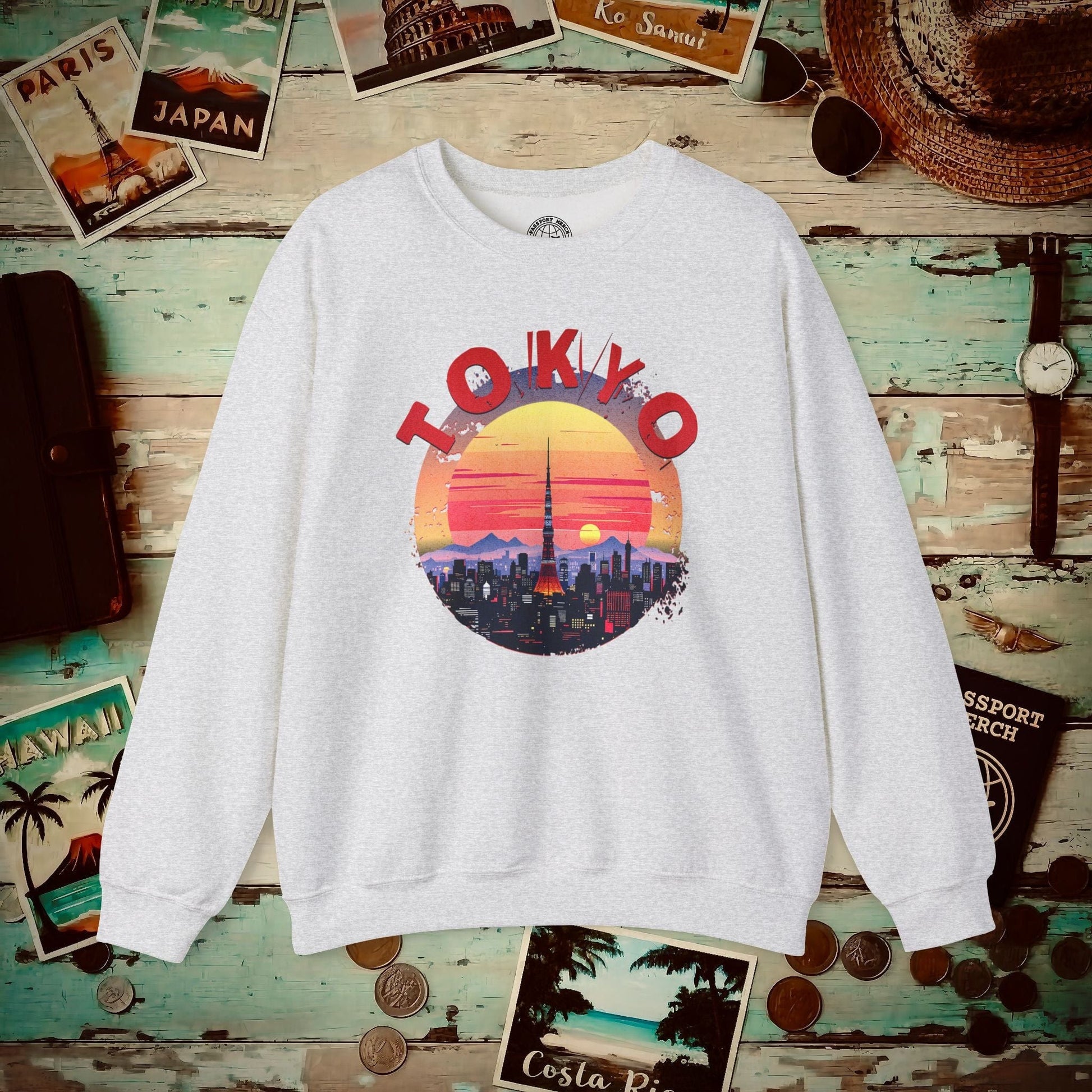 Retro Tokyo Tower Sunset, Japan Crewneck Ash / S