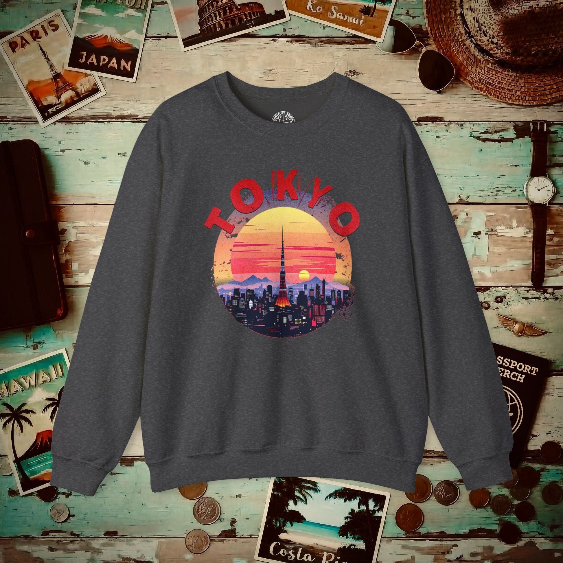Retro Tokyo Tower Sunset, Japan Crewneck Dark Heather / S