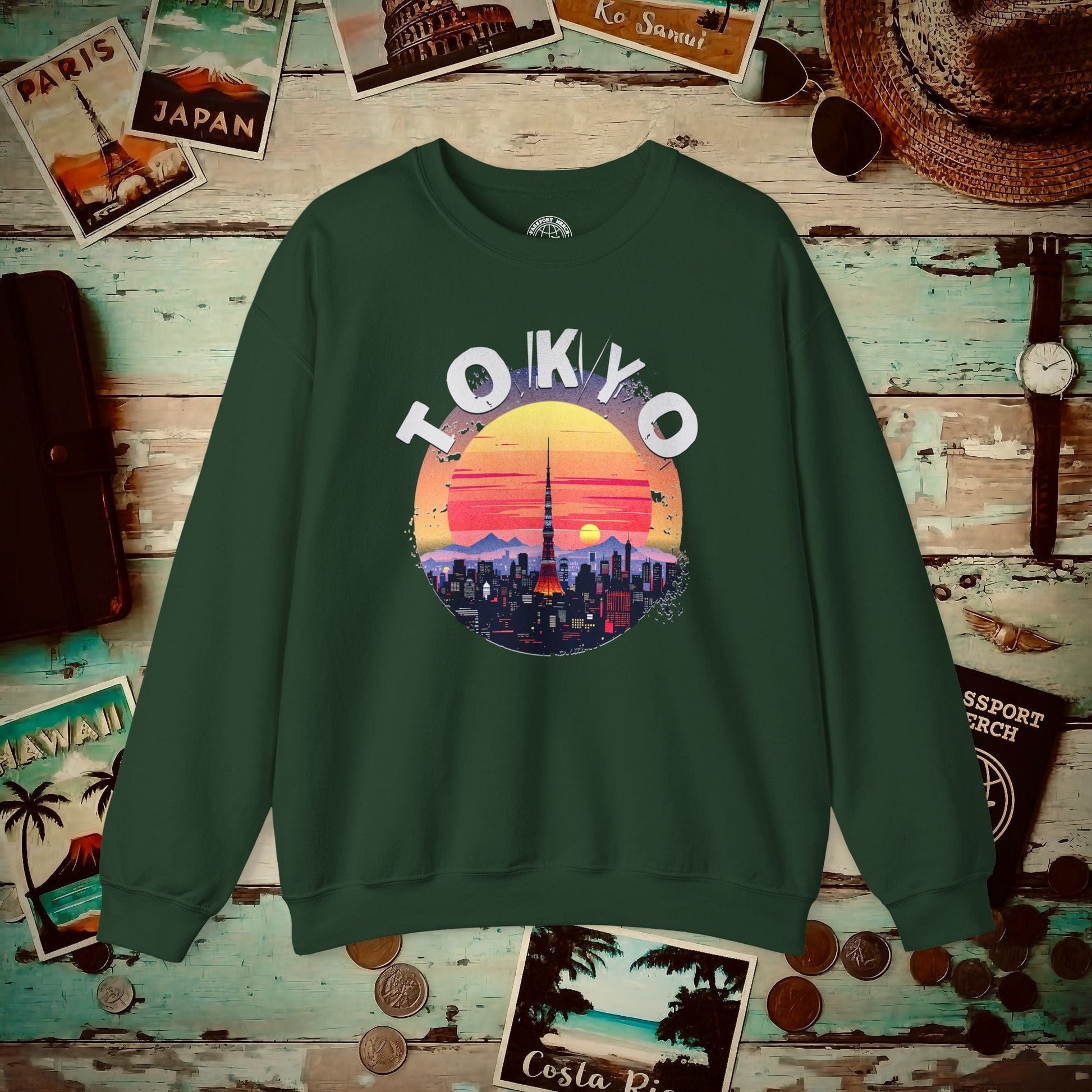 Retro Tokyo Tower Sunset, Japan Crewneck Forest Green / S