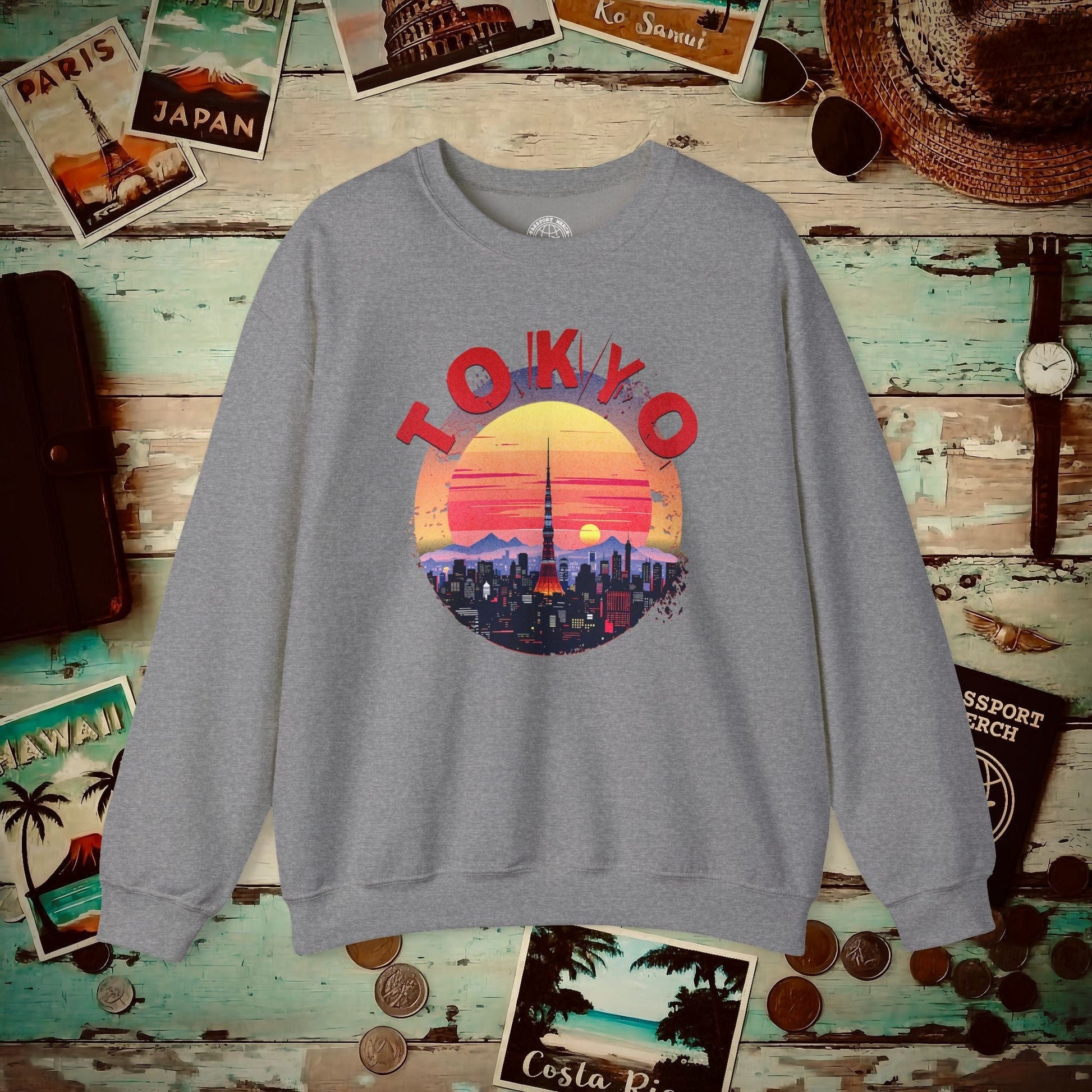 Retro Tokyo Tower Sunset, Japan Crewneck Graphite Heather / S