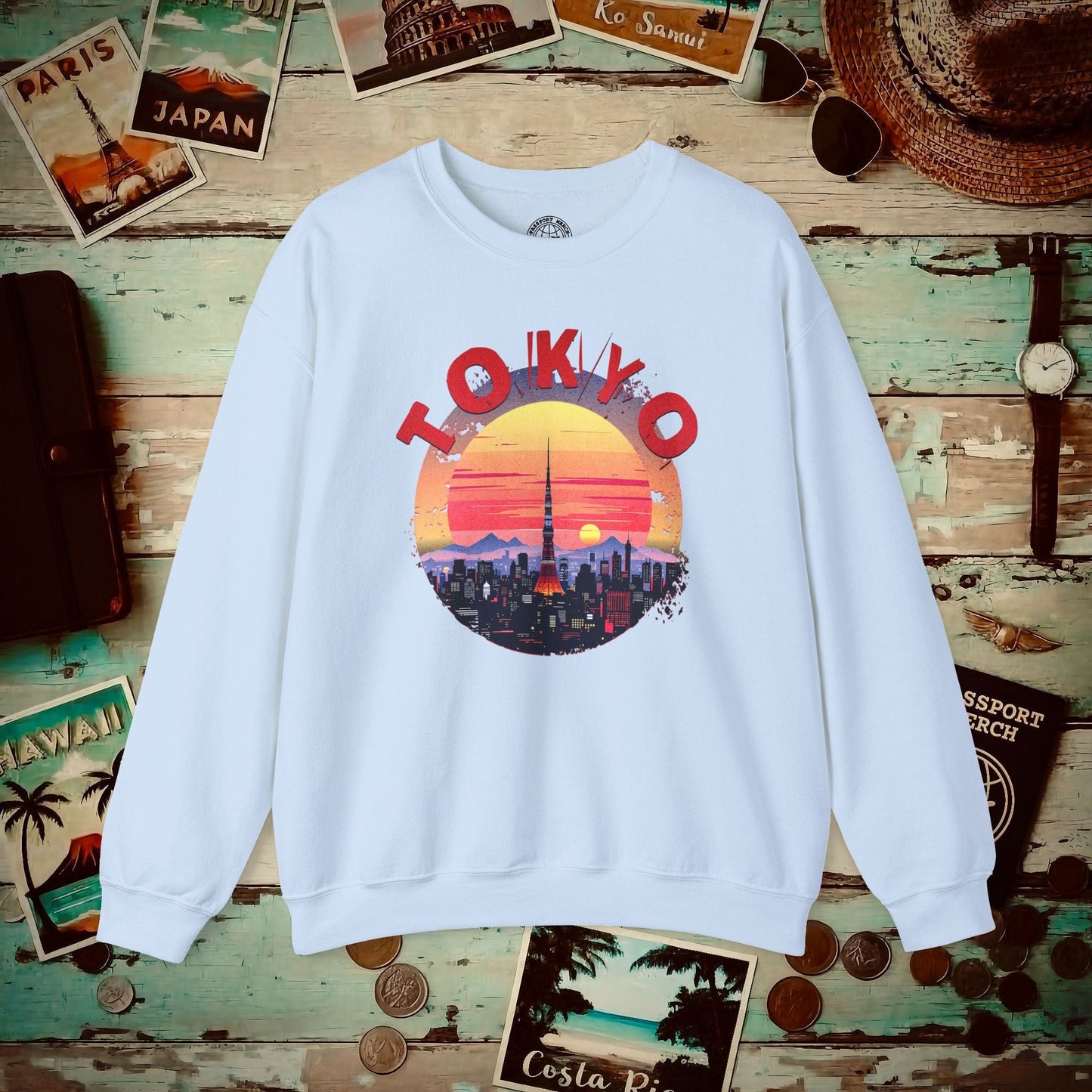 Retro Tokyo Tower Sunset, Japan Crewneck Light Blue / S