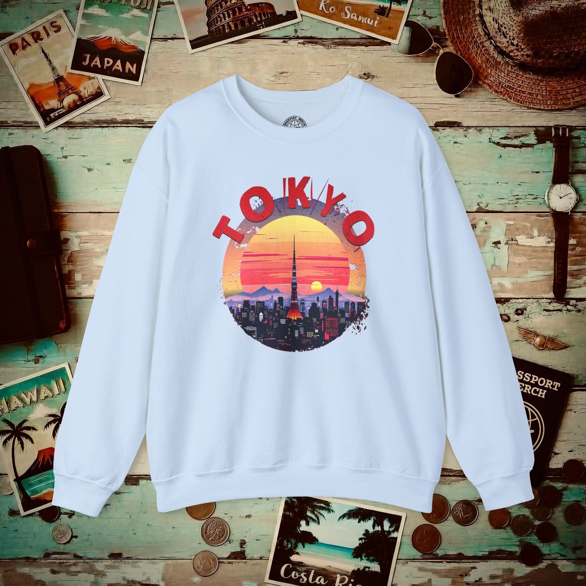 Retro Tokyo Tower Sunset, Japan Crewneck Light Blue / S