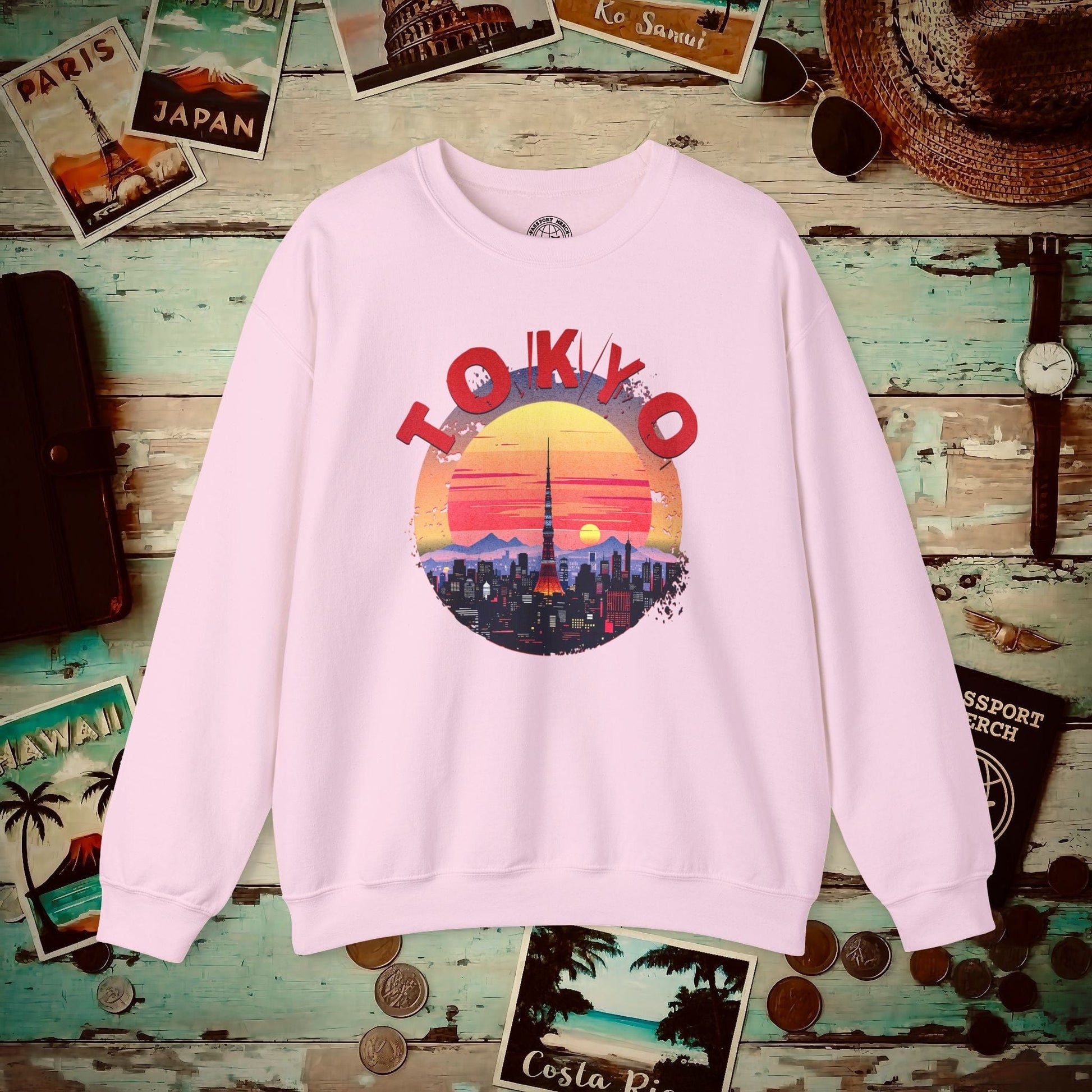 Retro Tokyo Tower Sunset, Japan Crewneck Light Pink / S