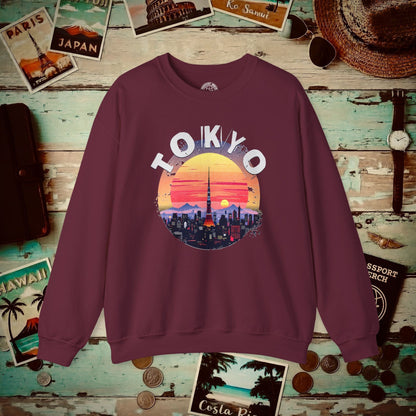 Retro Tokyo Tower Sunset, Japan Crewneck Maroon / S