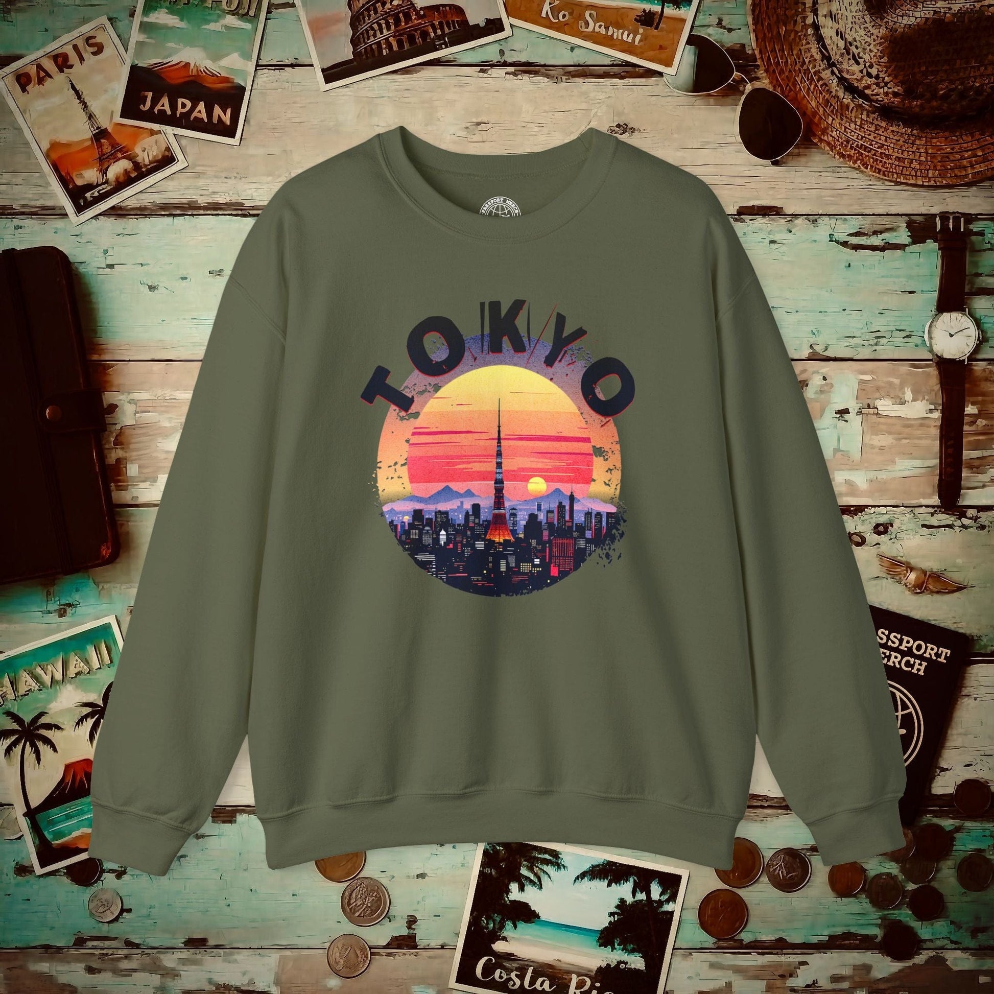 Retro Tokyo Tower Sunset, Japan Crewneck Military Green / S