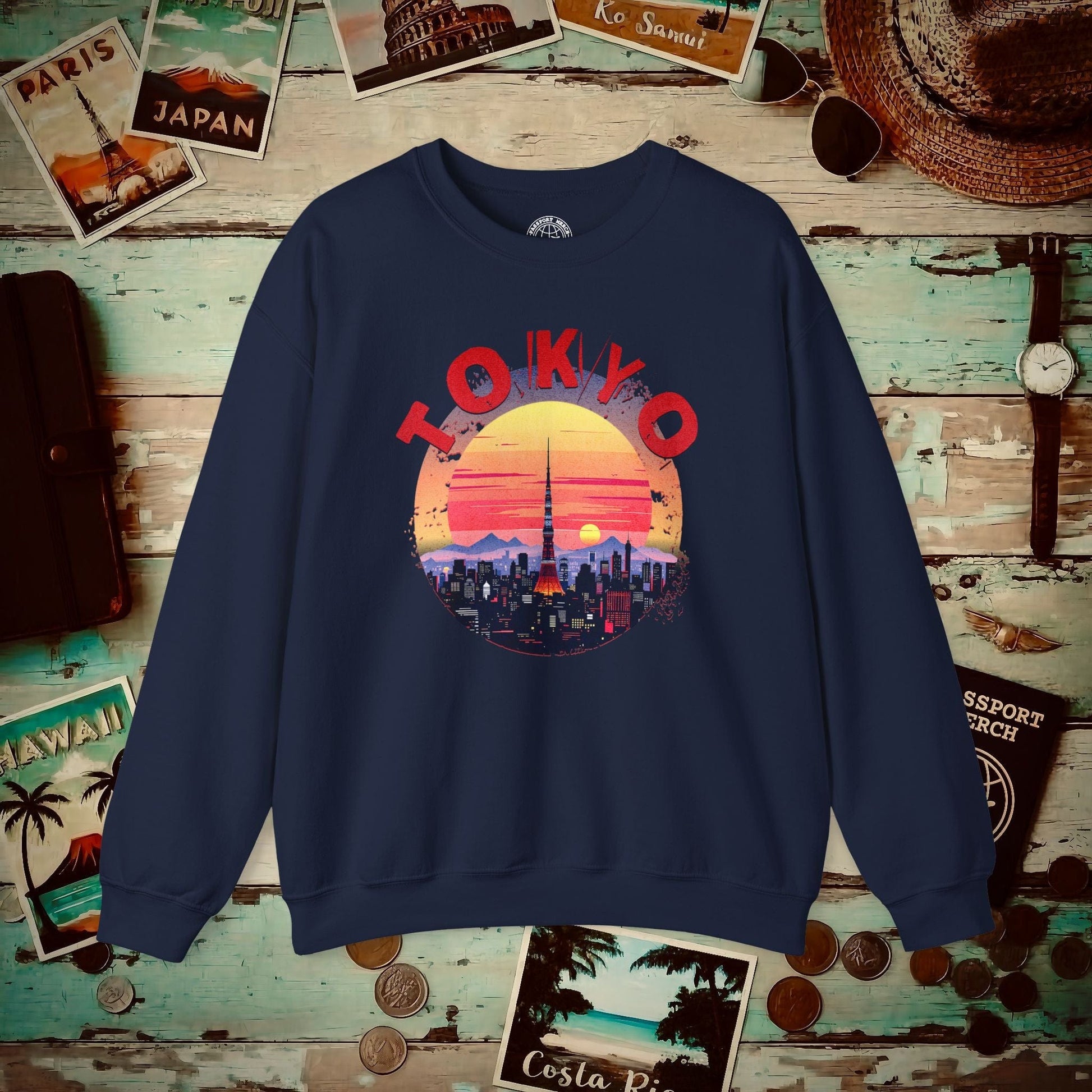 Retro Tokyo Tower Sunset, Japan Crewneck Navy / S