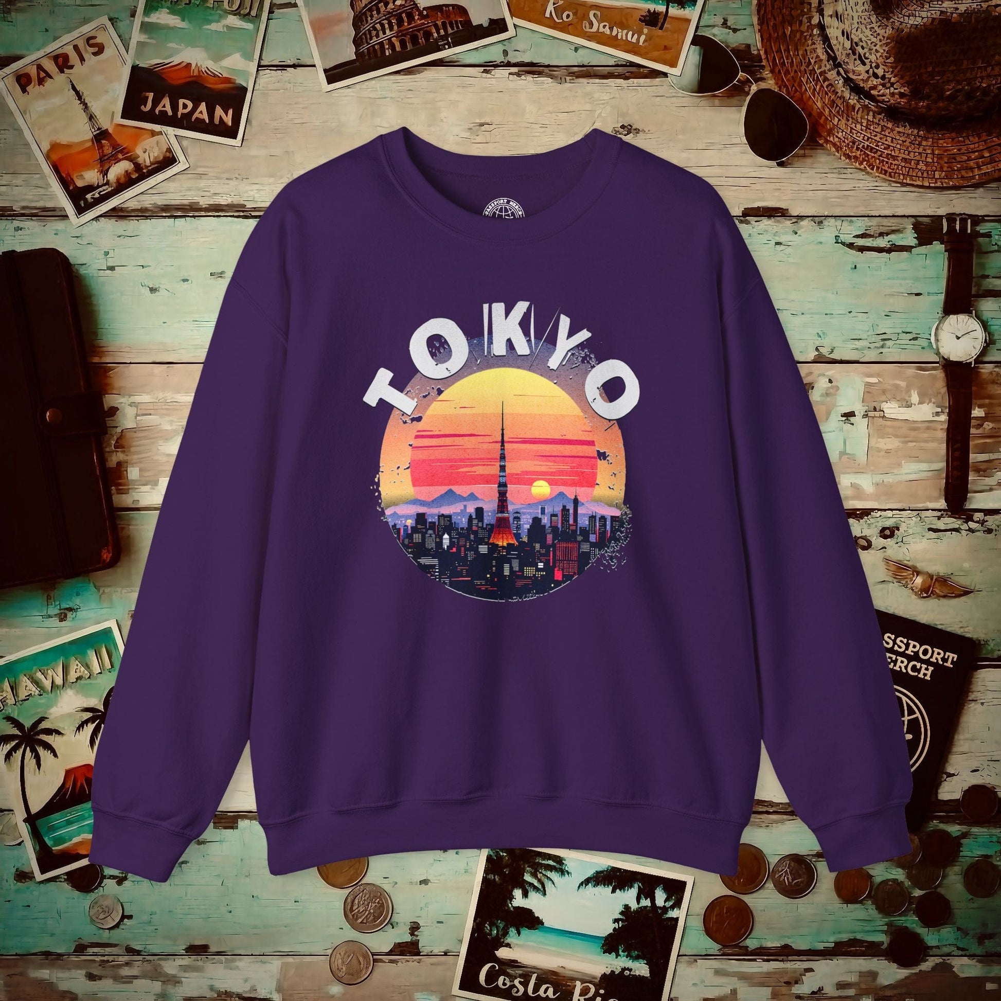 Retro Tokyo Tower Sunset, Japan Crewneck Purple / S