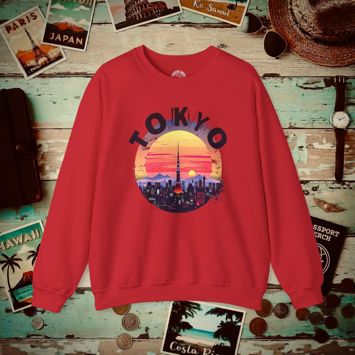 Retro Tokyo Tower Sunset, Japan Crewneck Red / S