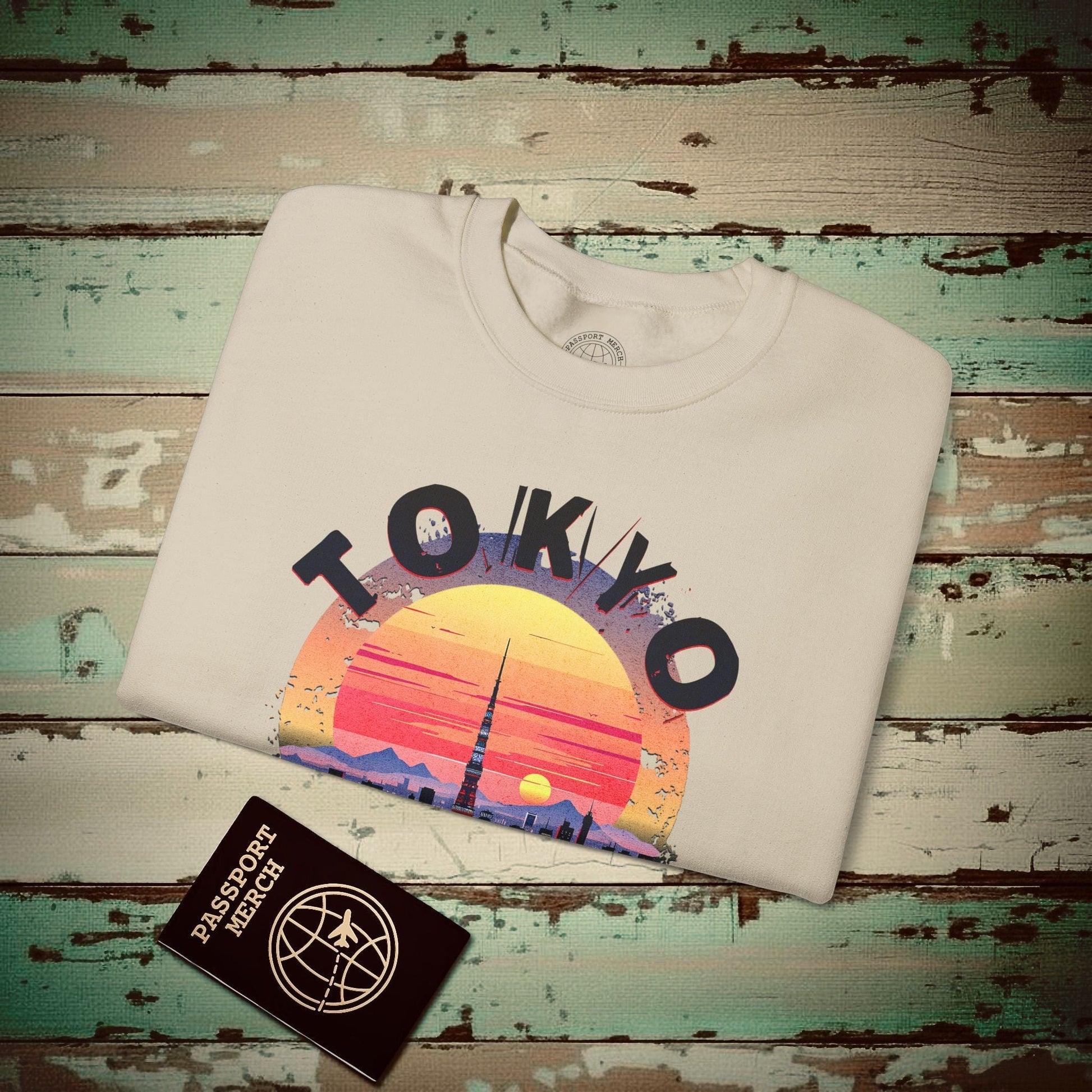 Retro Tokyo Tower Sunset, Japan Crewneck Sand / S
