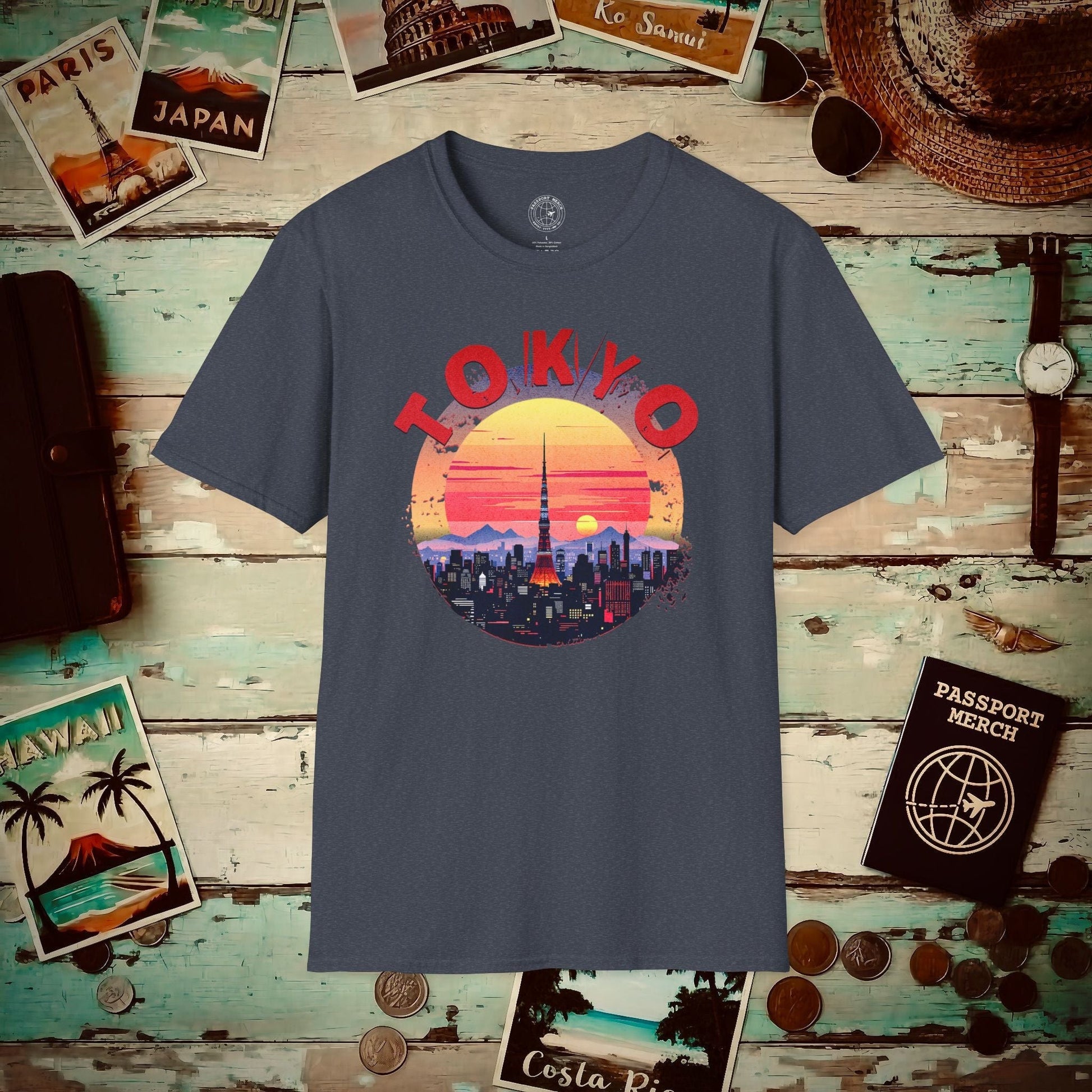 Retro Tokyo Tower Sunset, Japan T-Shirt Heather Navy / S