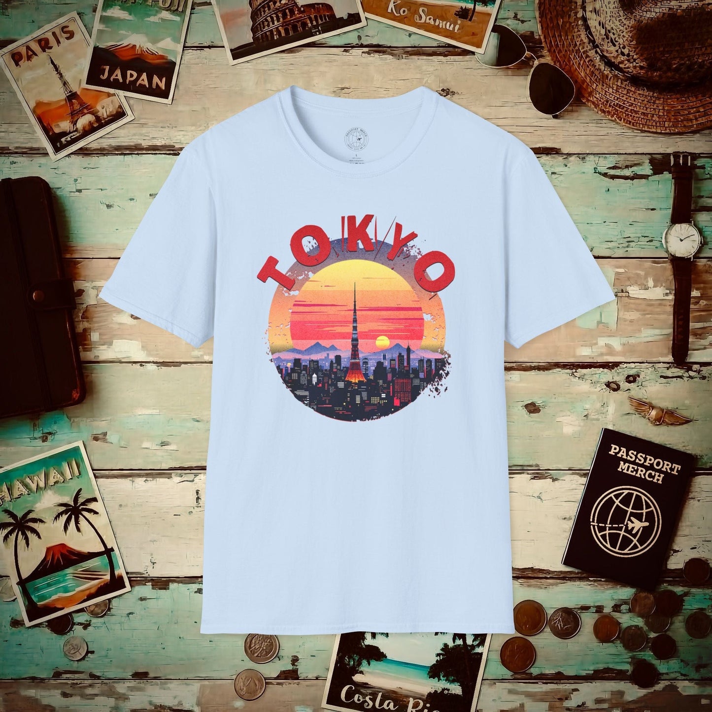 Retro Tokyo Tower Sunset, Japan T-Shirt Light Blue / S