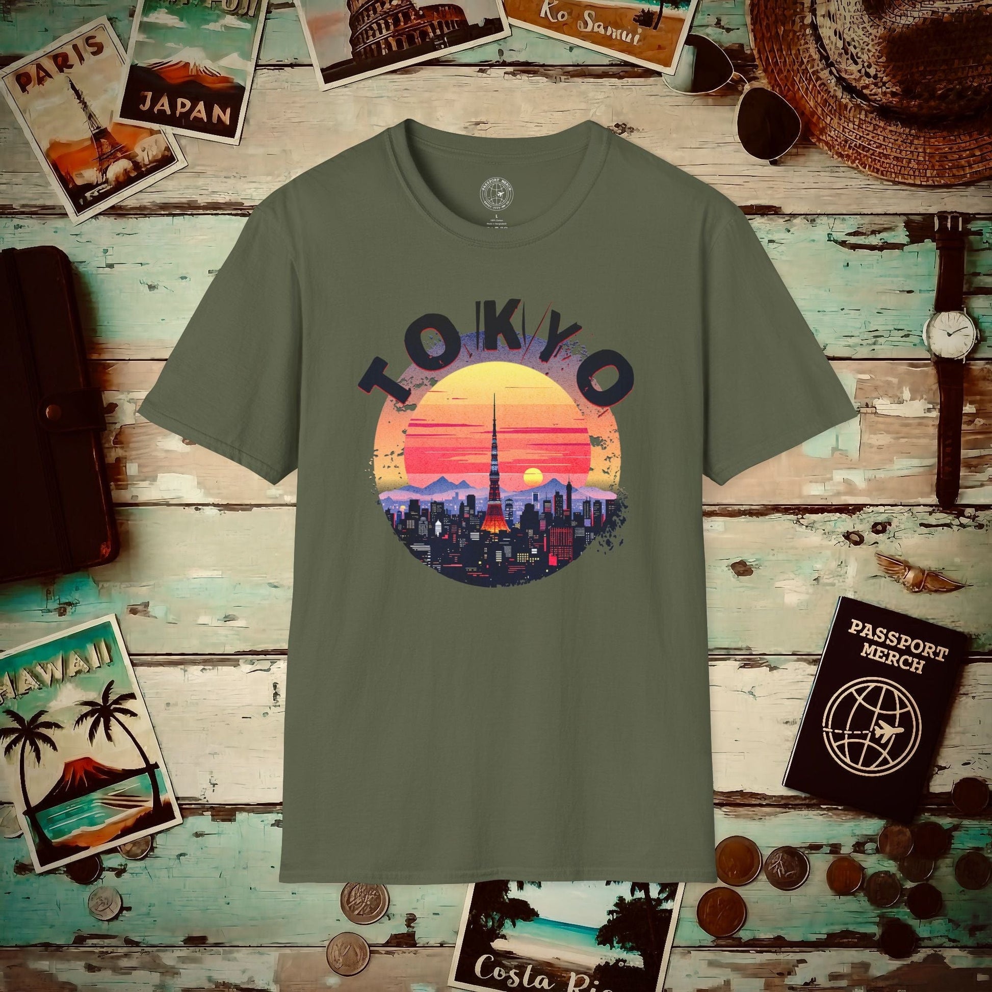 Retro Tokyo Tower Sunset, Japan T-Shirt Military Green / S
